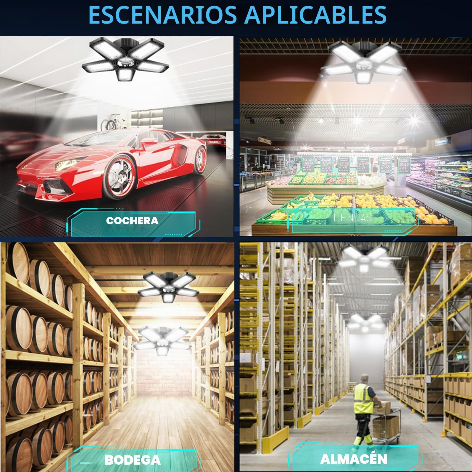 Focos LED Interior Techo 160W 16000LM Luz de Garaje LED 6 Piezas | Lampara Garaje 6500K Luz LED Techo con 5+1 Ajustable Panel, Lampara Industrial para Garaje Almacén Taller Sótano Gimnasio