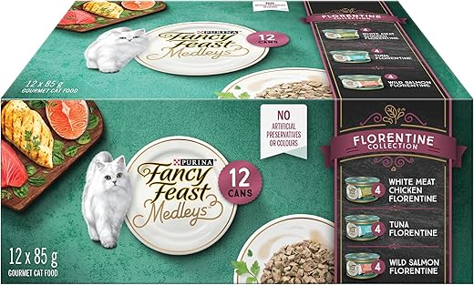 5 Stars Cat Food Reviews on Amazon cat foods Fancy Feast Medleys Wet Cat Food, Florentine Collection Variety Pack 3 Flavours - 85 g Can (12 Pack)