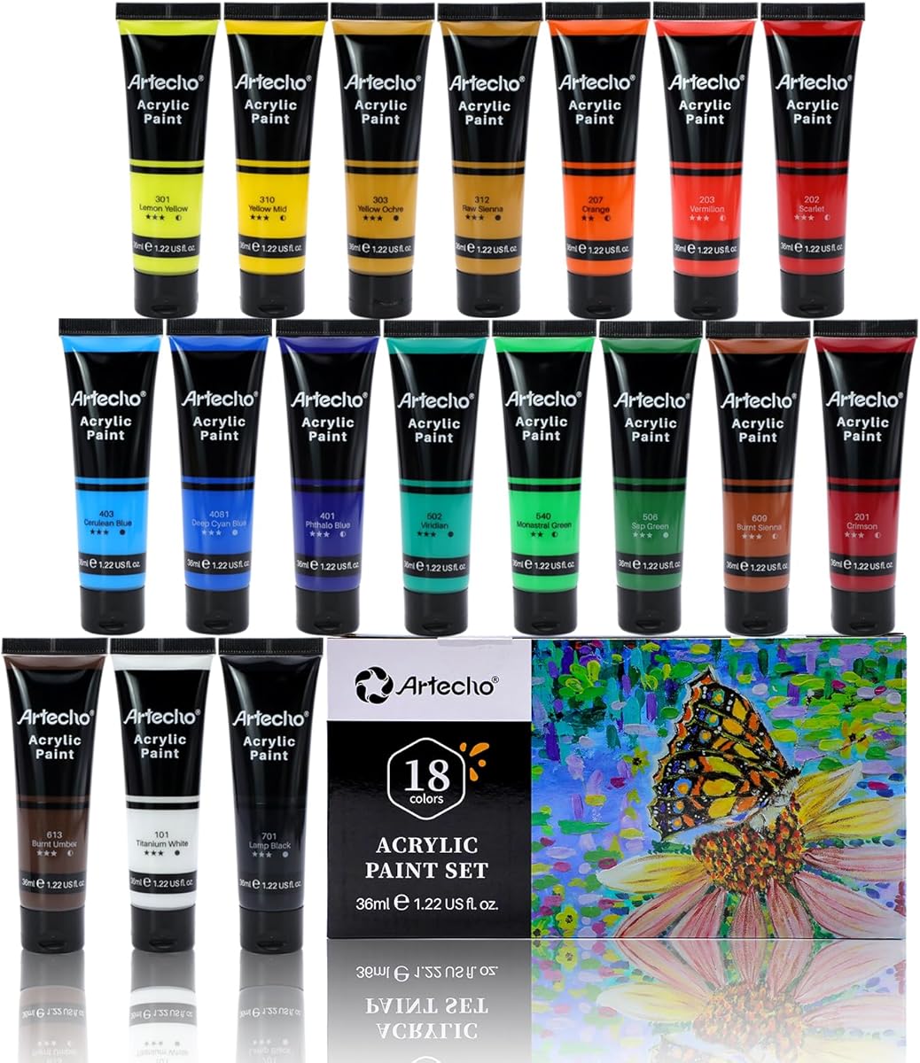 Artecho Acrylic Paint Set for Art, 18 Colors 36ml Basic Acrylic Paint Supplies for Wood, Fabric, Crafts, Canvas, Leather&Stone