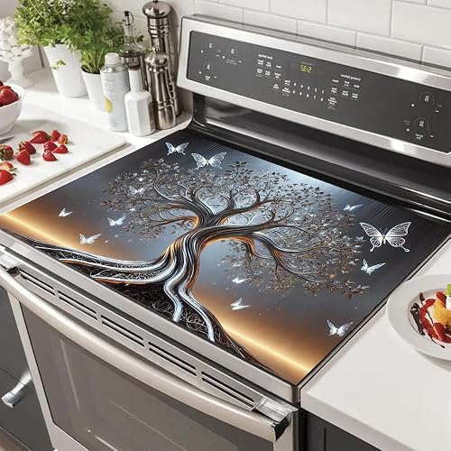 HOMETITUTE Stove Top Cover Pad 28x20 Silver Tree of Life Dish Mat