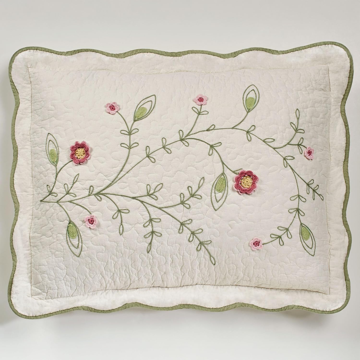 Posy Cottage Garden Style Bedding | Chain Stitch Embroidery, Crochet, & Quilting Fiber Art Floral Vines | 2 Piece Cotton Bed Set with Oversized Twin Bedspread & Standard Sham | Also Fits Twin XL Beds