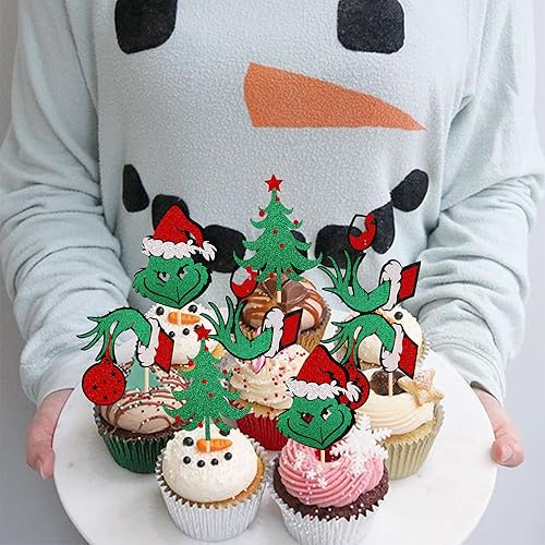 Miniatura 4 de 24 piezas de adornos para cupcakes con purpurina de Grin-ch Merry Christmas para árbol de Navidad, color rojo, verde, para beber, Grinch,