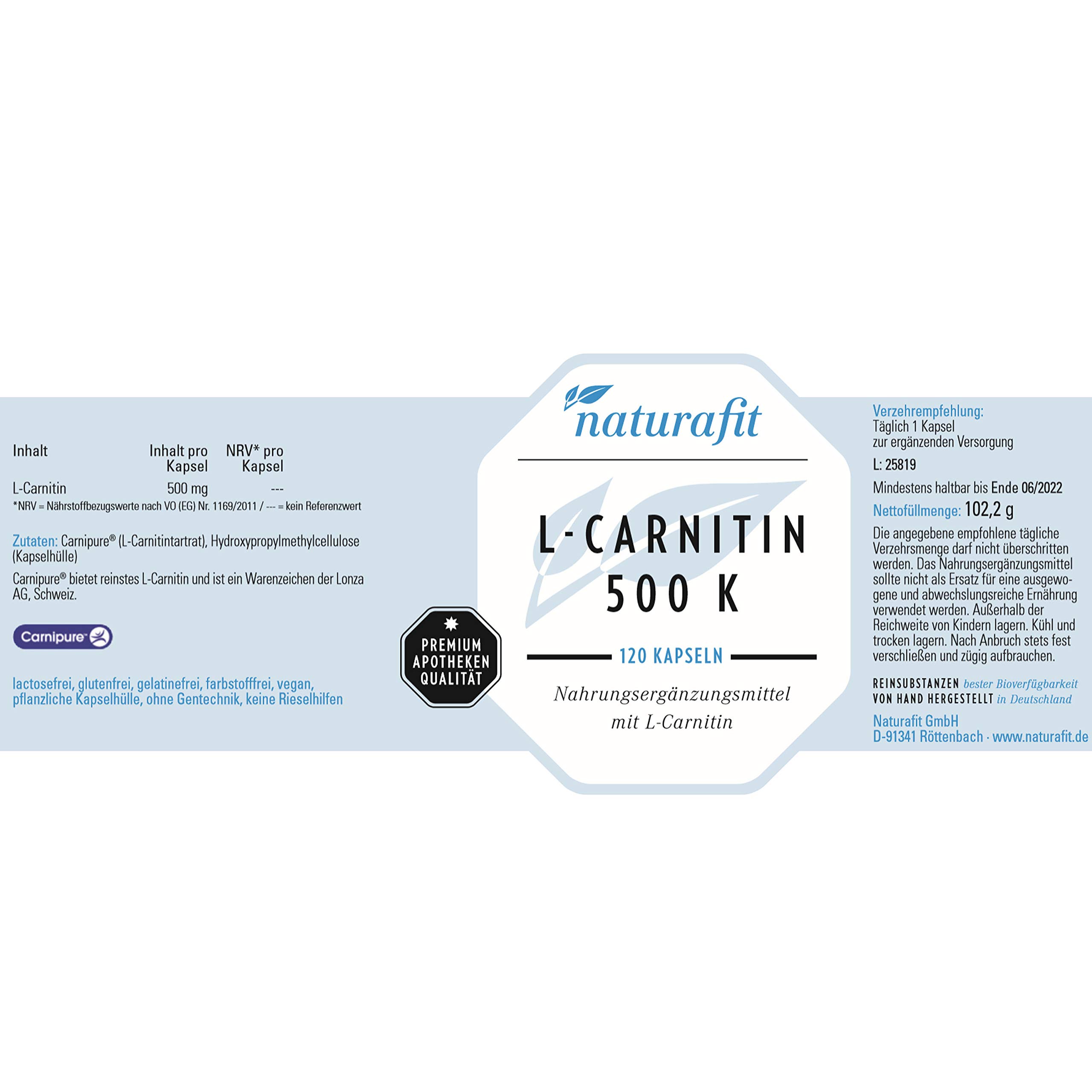 naturafit L-Carnitin 500 K Kapseln, 120 St. Kapseln