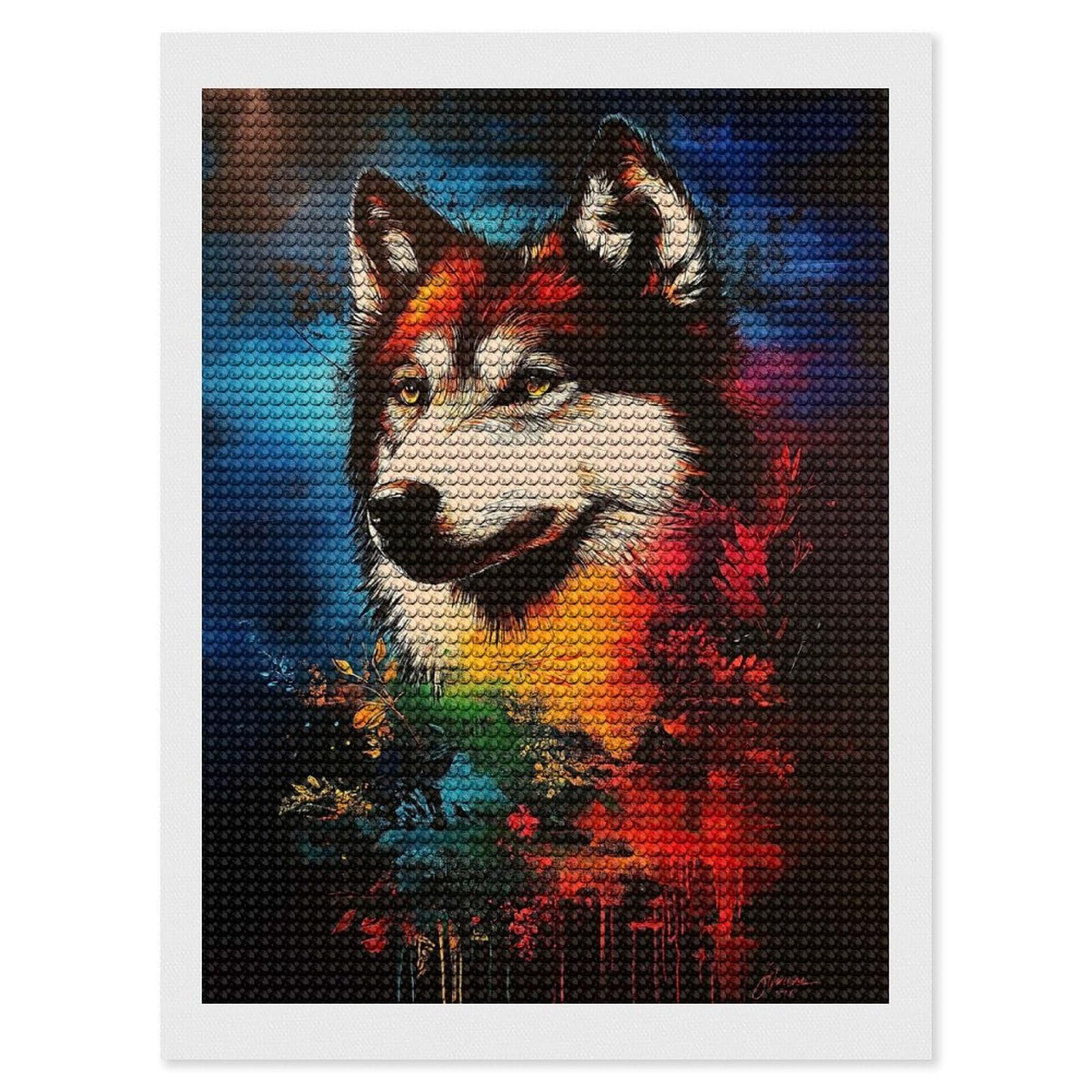 Junmoney Wolf Portrait with Floral Background DIY Diamond Art Canvas Kit 12"x16", Adhesive Canvas, Easy to Enjoy, Farmhouse Decor, Festive Craft Gift