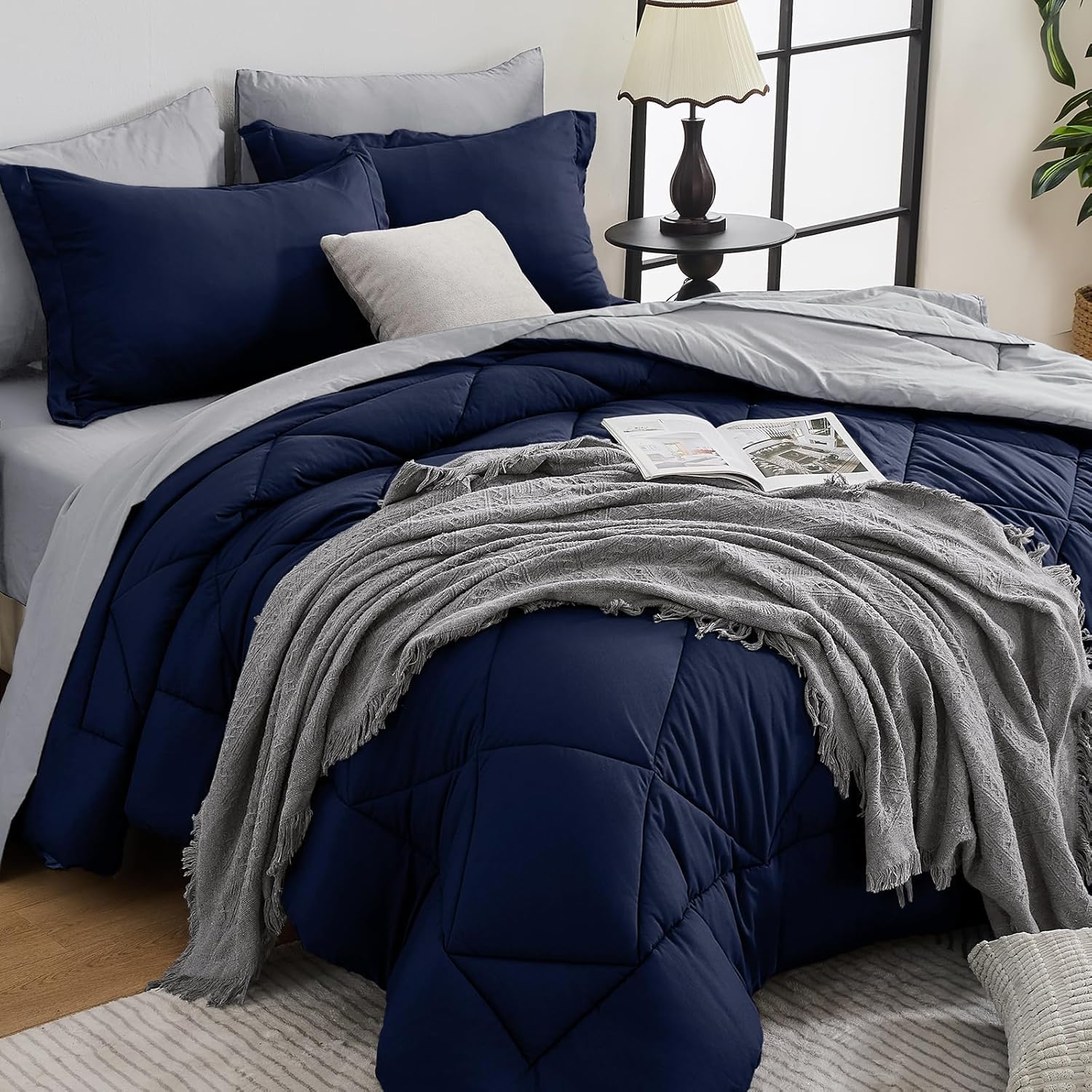 HEVUMYI Twin Comforter Set - 5-Piece All Season Bed in a Bag Twin, Ultra Soft Bedding Set with Comforter, Flat Sheet, Fitted Sheet, Pillowcases, Pillow Shams, Navy Blue & Light Grey