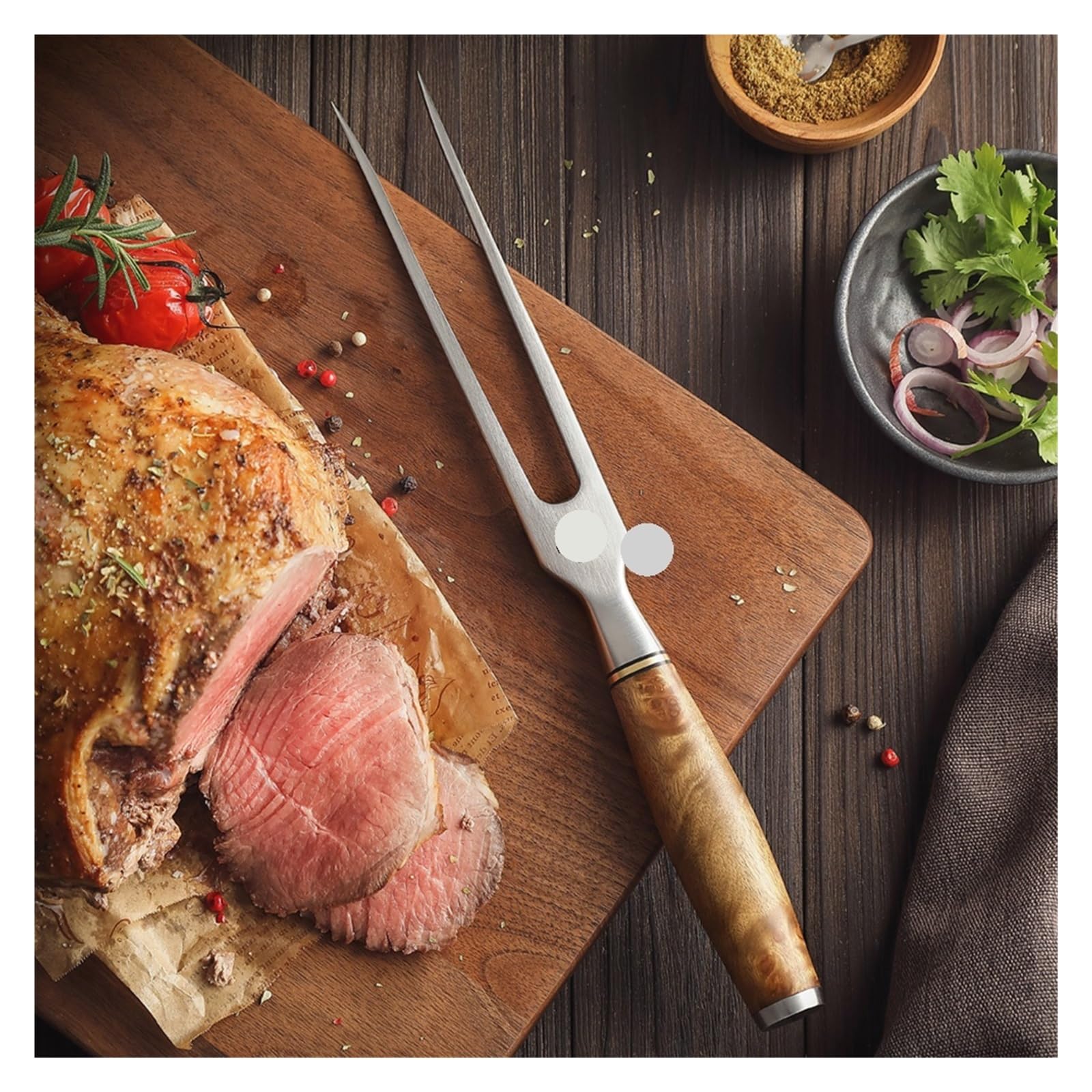 Tranchiergabel mit Holzgriff, Edelstahl-Dinnergabel | Zweizinkige Gabel mit Dekormuster fuer Steakgeschirr
