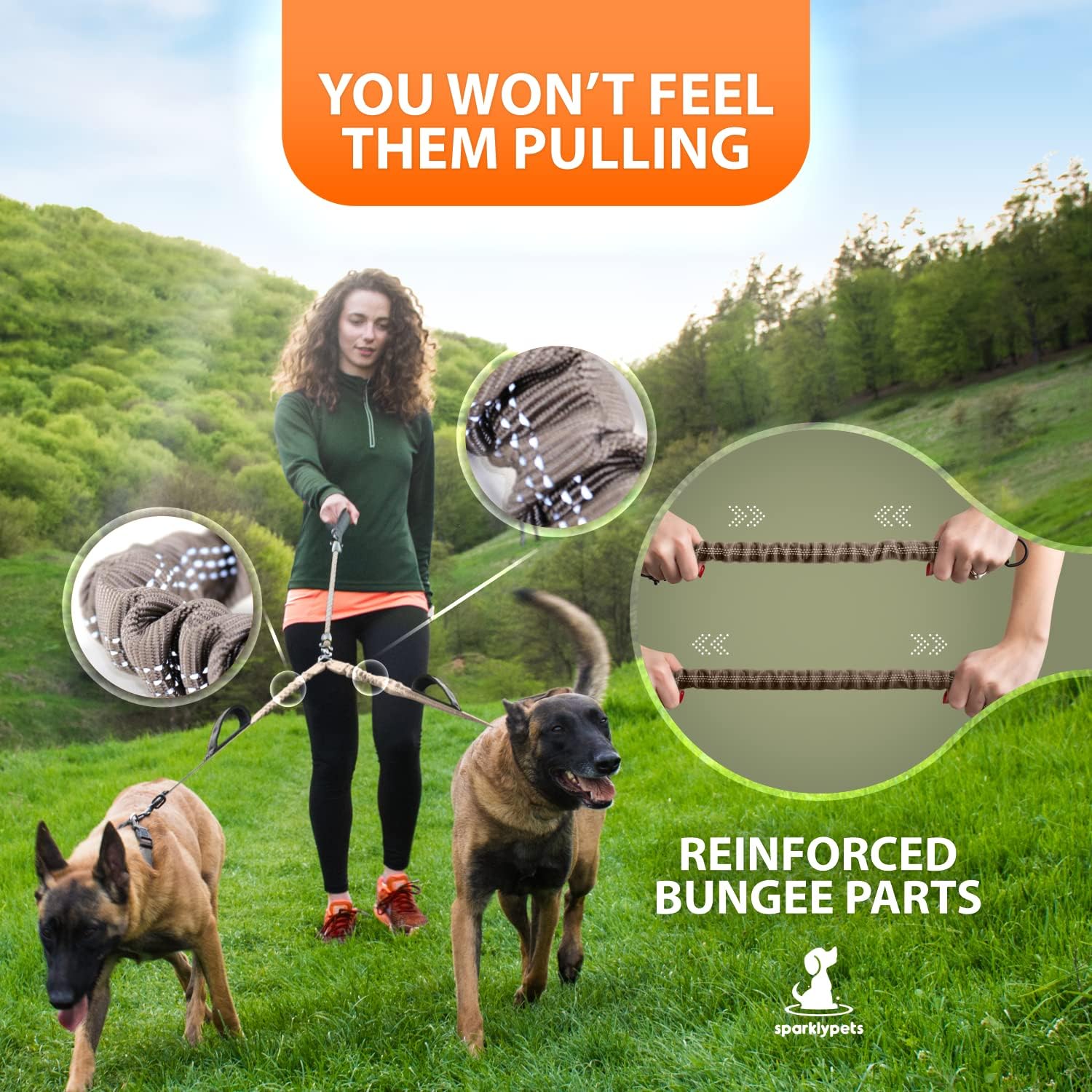 SparklyPets - Double Dog Bungee Rope Leash - Dual Dog Lead for Medium and Large Breeds - Padded Handles, No Tangle - Flow Leash, 2 Dogs Walking Accessory