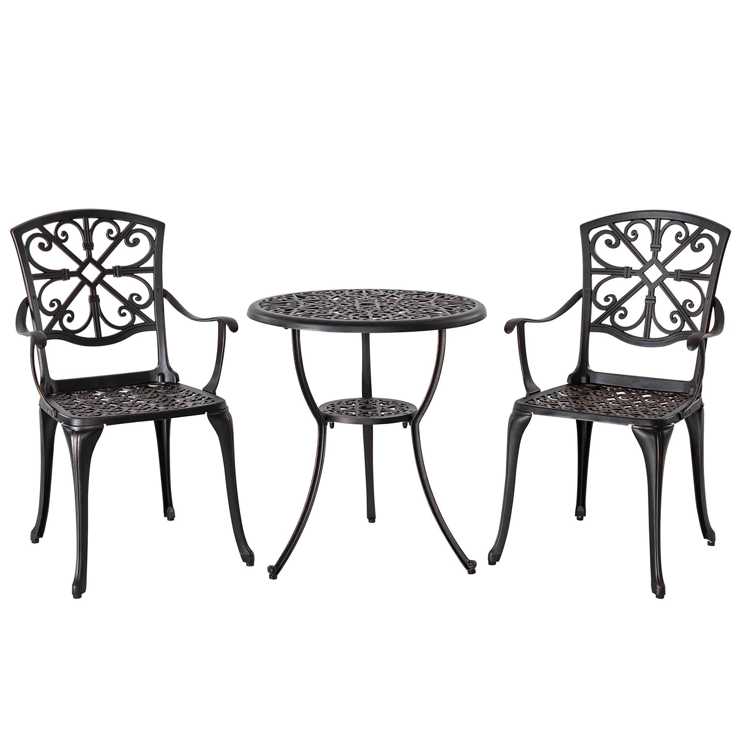 Avestar 3-teiliges Outdoor Bistro Set, Gartenmöbel, Balkonmöbel Set, runder 60 cm Bistrotisch aus Aluminiumguss, mit Schirmloch, 2 Balkonstühlen, für Terrasse, Schwarz (Mit Armlehnen)