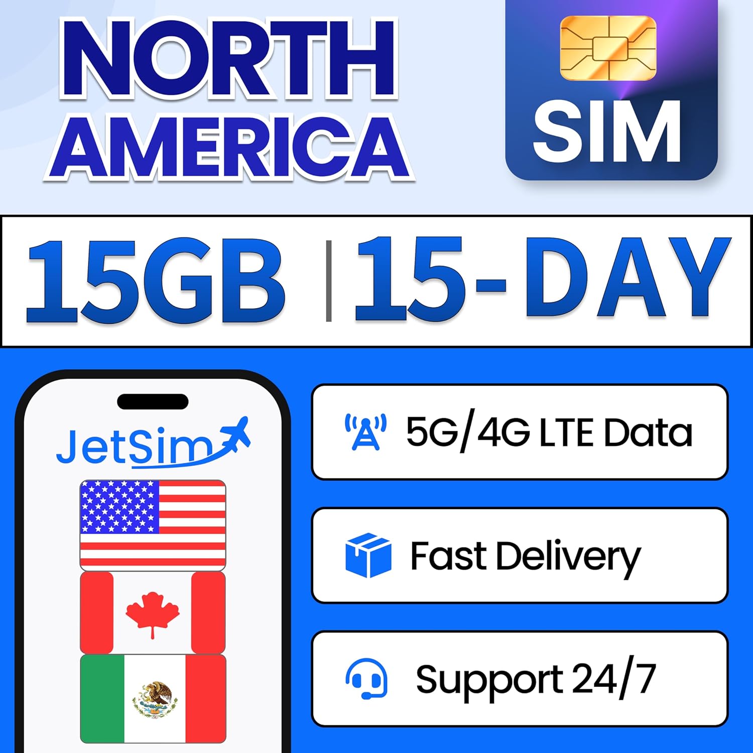 International Sim Card for USA, Canada, Mexico 15 Days Unlimited Data with 15GB High-Speed Mobile Internet Data Travel Sim Card
