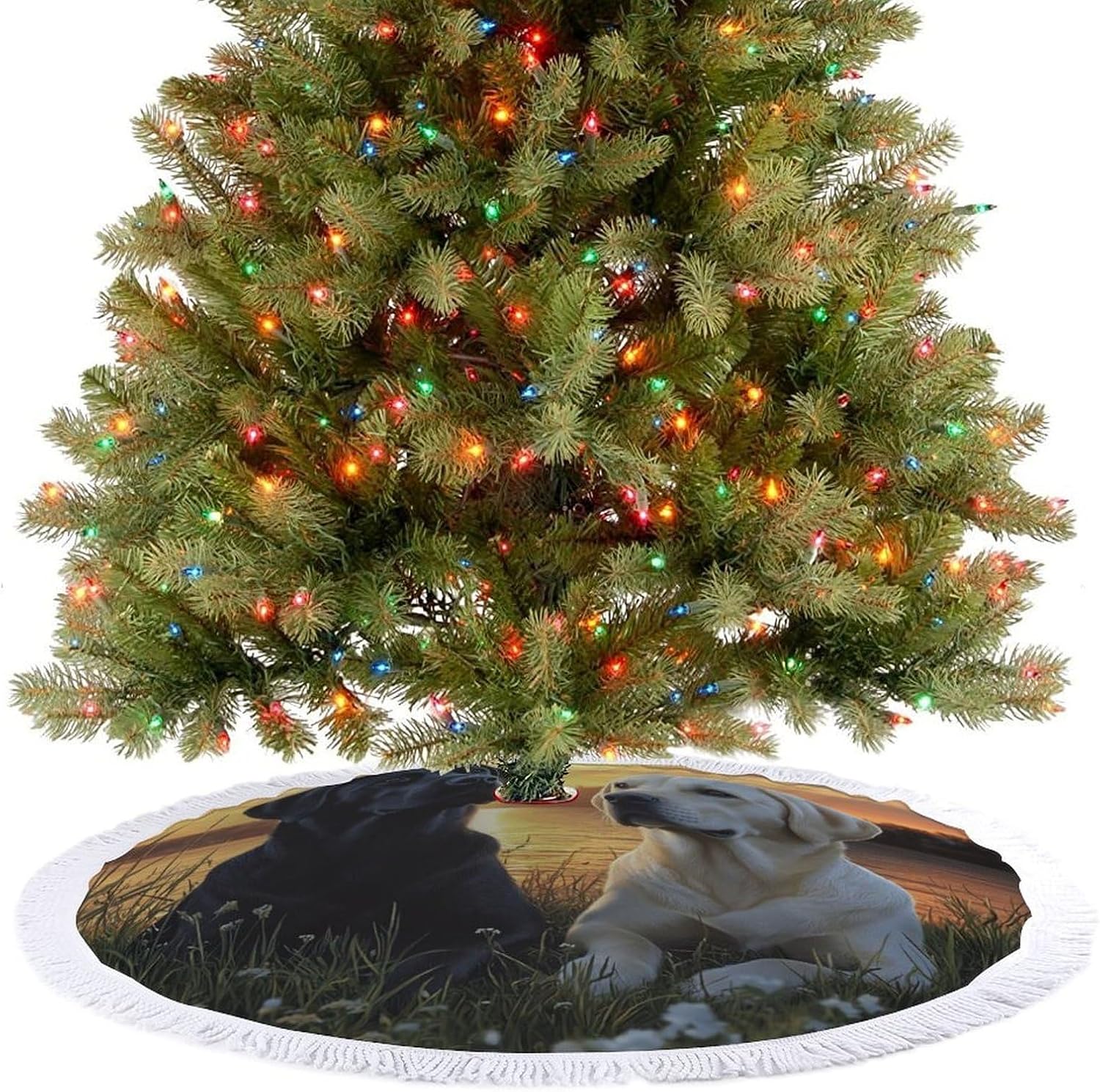 Labrador Love Couple Christmas Tree Skirt Round Xmas Tree Mat Ornaments Tree Skirts with Tassels for Holiday Party