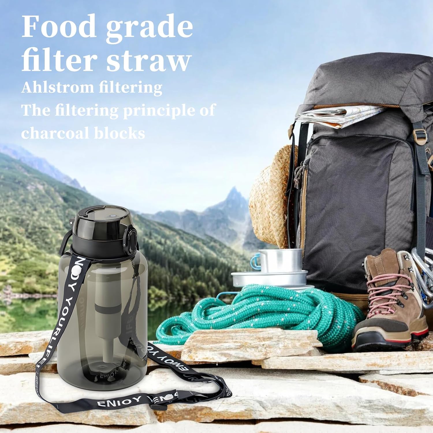 40 OZ Water Filter Bottle with 3-Stage Filtration - Ideal for Survival, Camping, Hiking, Backpacking, and Emergency - Portable&Reusable Filtered Water Bottle with Strap - Black - Image 6