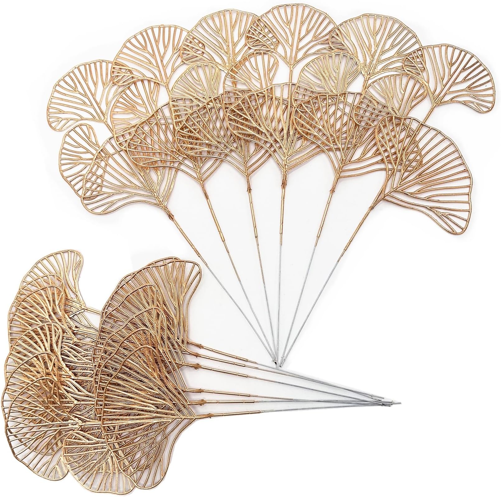 Fake Golden Ginkgo Leaves Stems, Artificial Gold Plants Fake Plastic Flowers Simulation Apricot Leaf Sticks Grass for Indoor Home Decor Wedding Party Christmas Tree DIY Decoration - 12 Pcs
