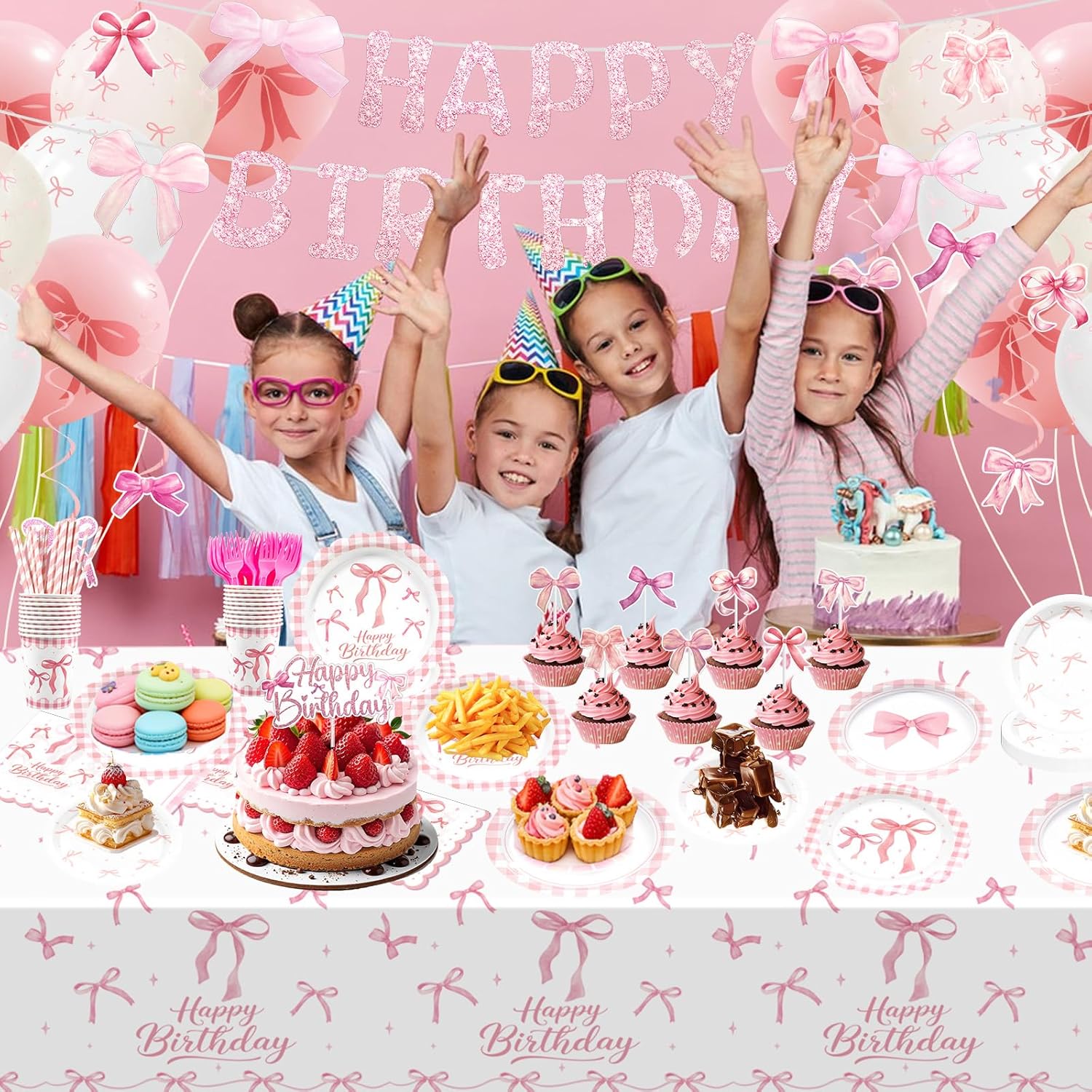 Coquette Birthday Decorations-192Pcs Pink Bow Birthday Party Supplies,with Plates Napkins Cake Top Cups Banner Tablecloth Balloons Tableware,for Girl Singles Party Decor,Serve 24 Guests