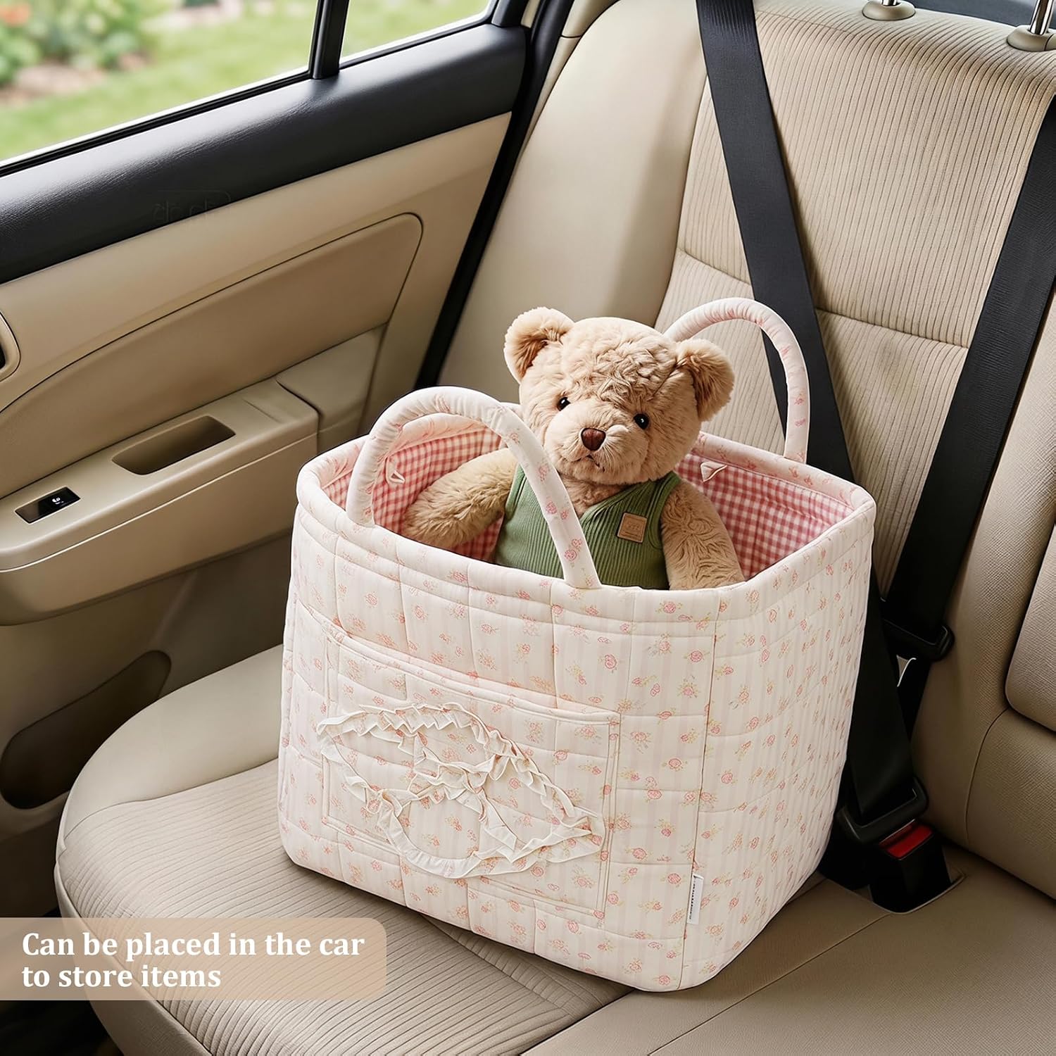 Floral Fabric Storage Basket Car Interior Storage Basket Underwear Sundries Laundry Baskets Supplies Home Organizer Bag (pink+white bow)