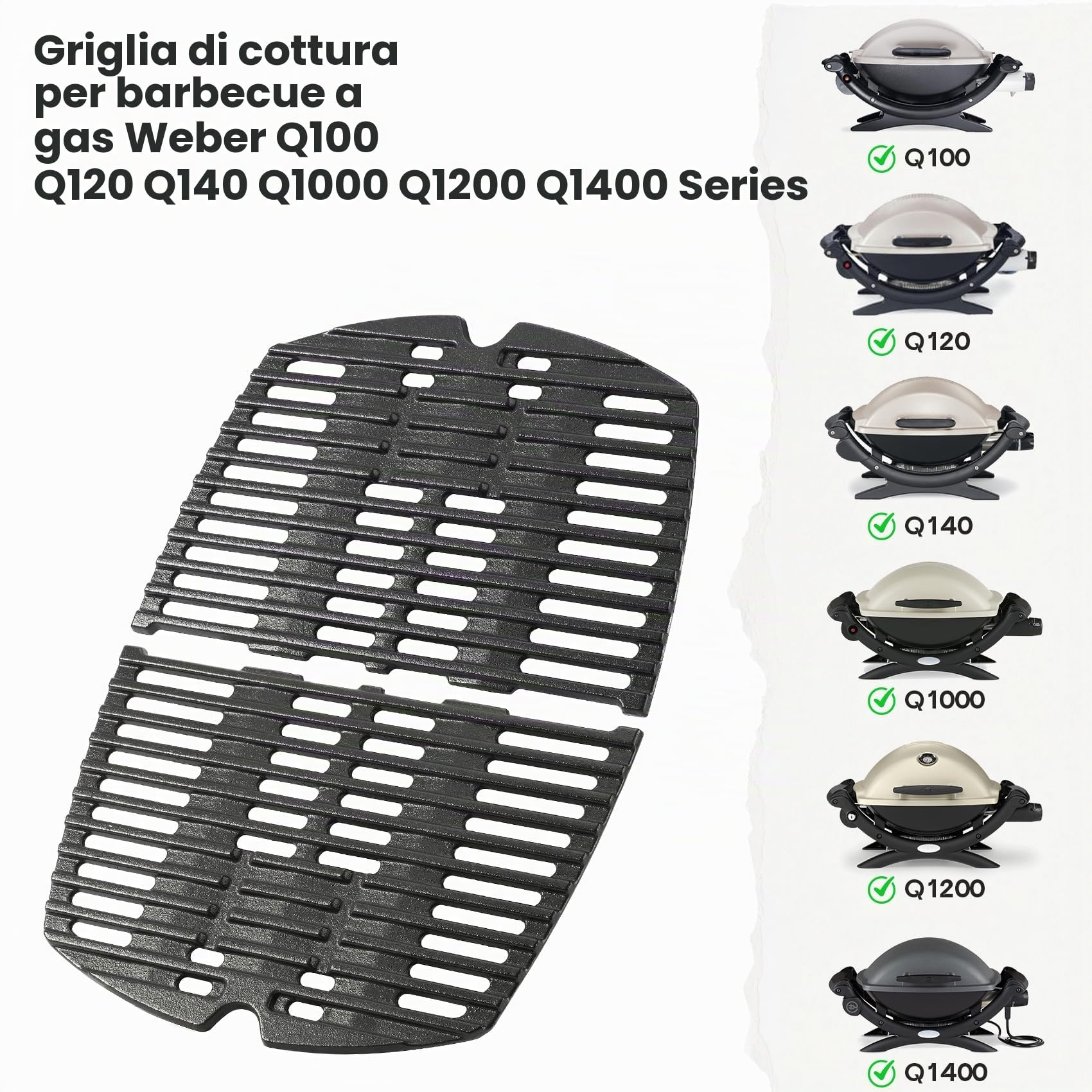 onlyfire Ghisa Griglia per Weber Q1000, Q1200, Q1400 Grill a Gas,BBQ Grid Grill Ricambi Barbecue Gas Ghisa Accessori per Weber 7644 Griglia,Set di 2