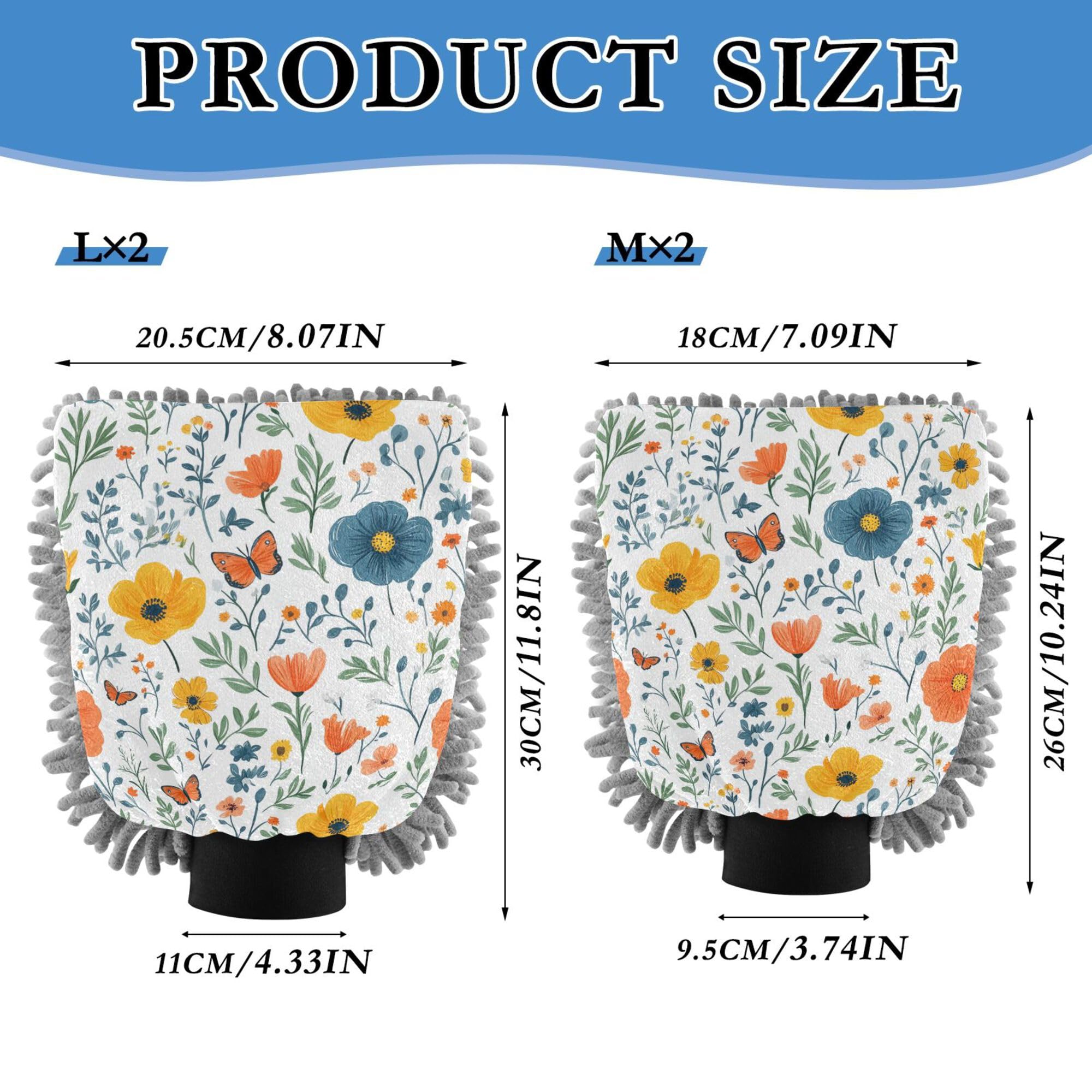 Florals Dahlia Anemone Butterflies Bees White Car Washing Mitts Microfiber 2 Pack Car Washing Glove Scratch-Free Washer Sponge for Hand Brush Cleaning
