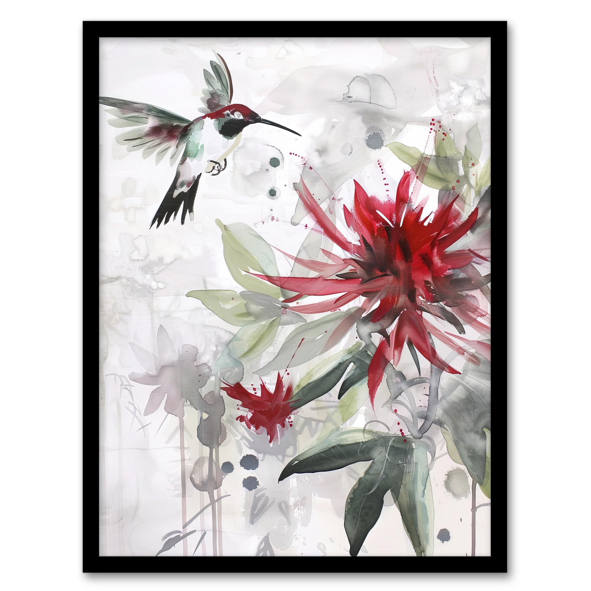 Artery8 Hummingbird Red Monarda Flowers Watercolour Living Room Artwork Framed Wall Art Print 18X24 Inch