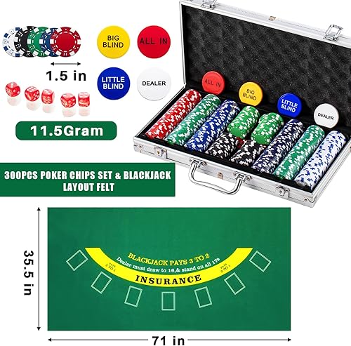 Miniatura 4 de Aoriher Juego de casino Blackjack, incluye 300 fichas de póquer, 10 tarjetas cortadas, 5 dados, fieltro de casino de doble cara, 1 barajador, 6