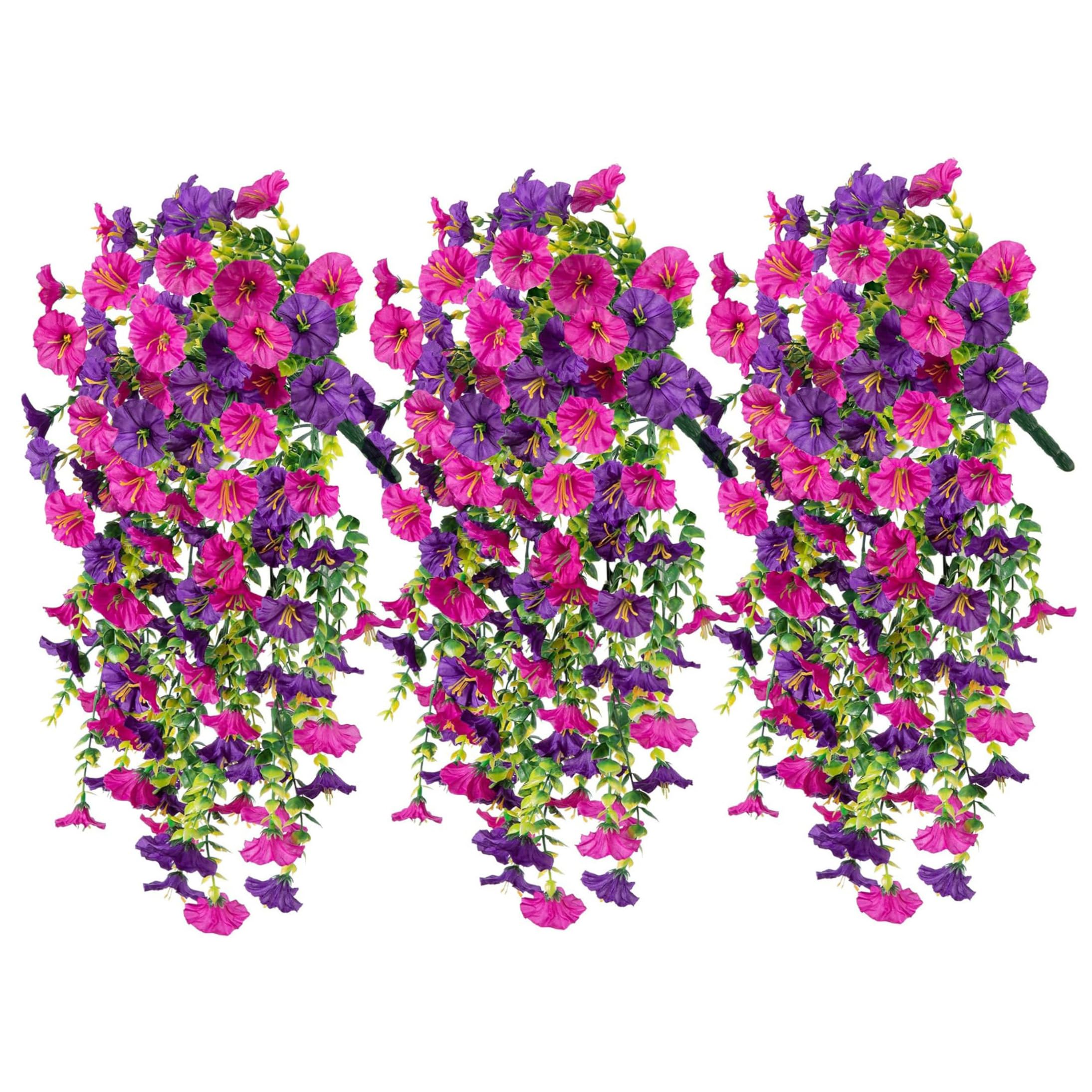 Xoeryoy 3pcs Artificial Hanging Flowers, Faux Petunias With Eucalyptus, Realistic Silk Vines For Indoor Outdoor Decor, Purple + Red