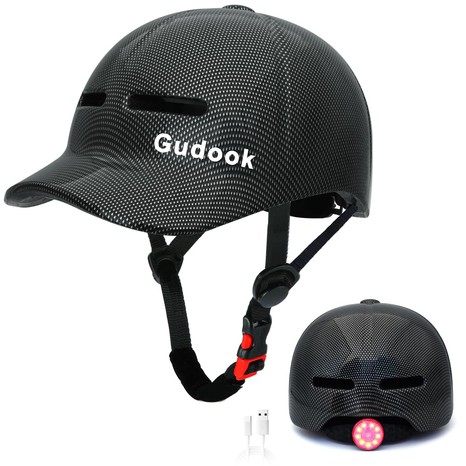 Bike Helmet Adult - Bicycle Helmets for Men Women - with LED Rear Lights - Baseball Cap Style Adjustable Scooter Helmets for City Road Commuter Cycling Biking Skating