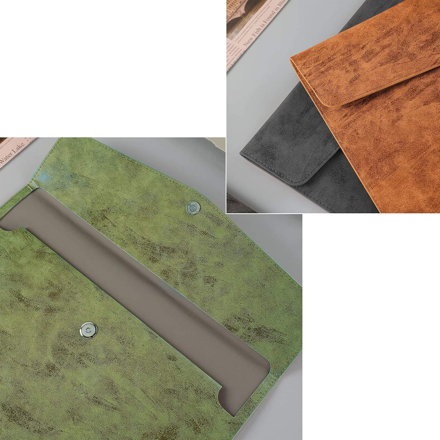 PU Leather A4 File Folder Document Holder Waterproof Portfolio Envelope Folder Case with Snap Closure Army-Green image 3