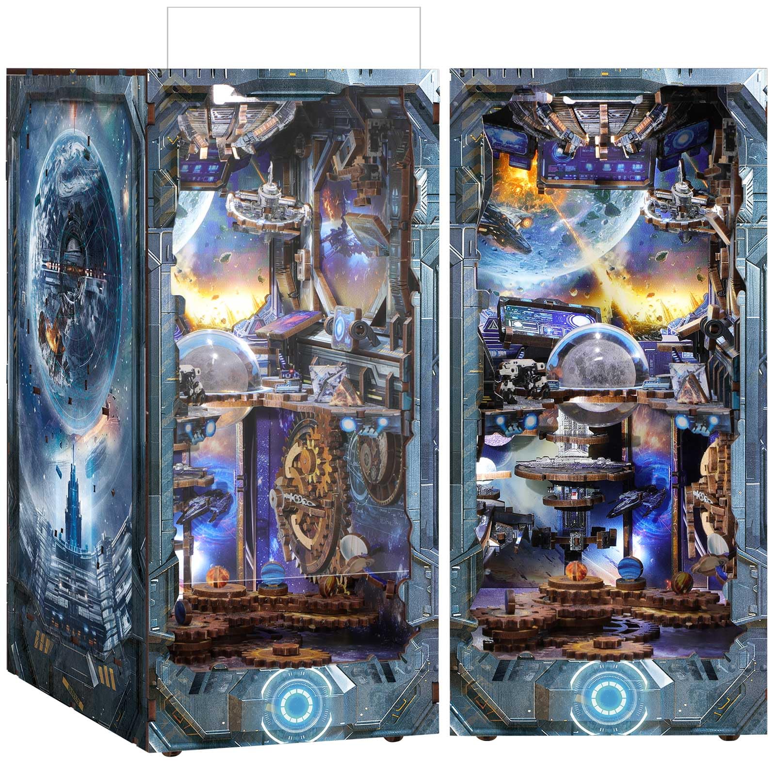 RONSTONE Book Nook Kit - DIY Casa Delle Bambole Booknook con Coperchio Antipolvere - Inserto per Libreria con Luce a Led - Doomsday Starship Craft 3D Puzzle Regalo per Adulti