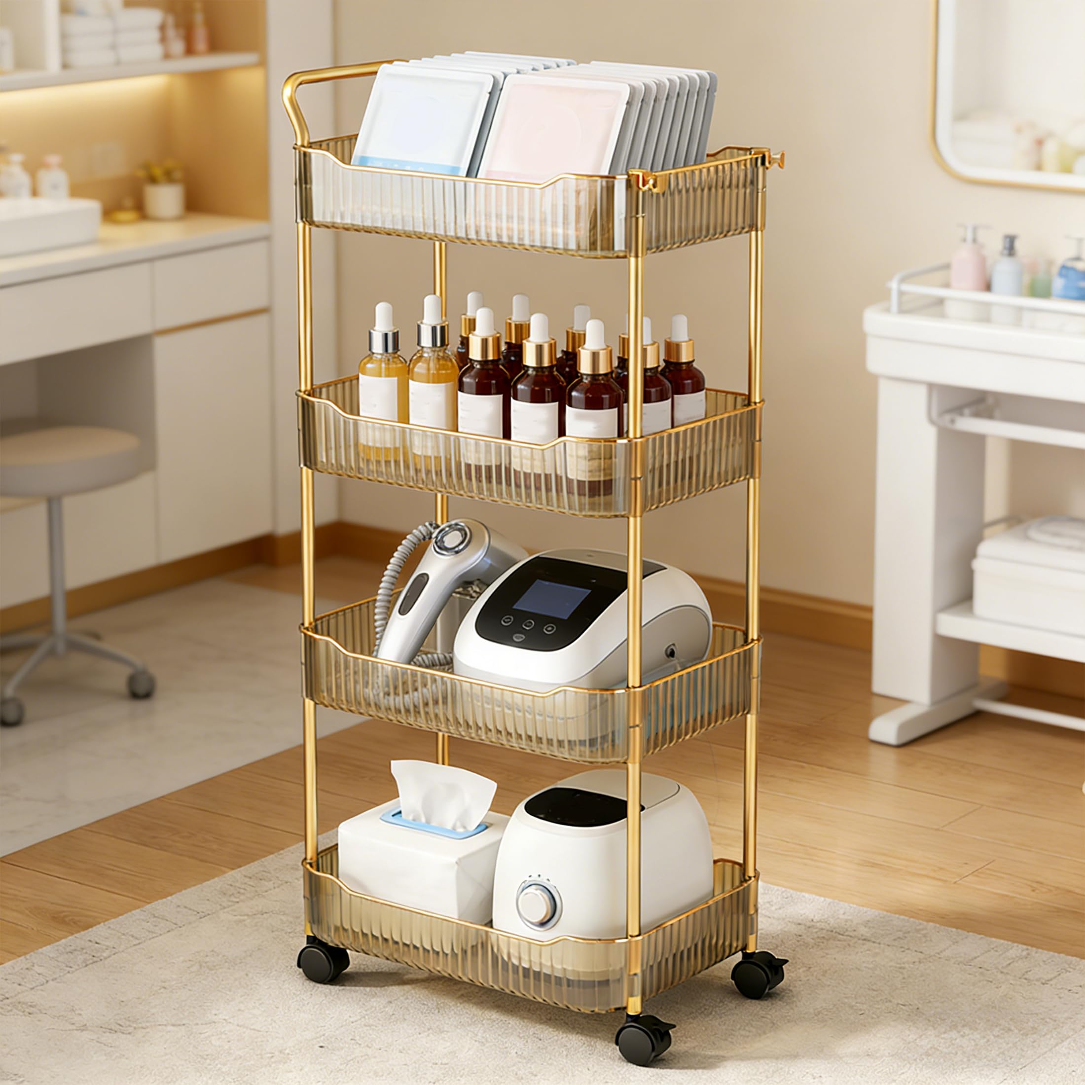 Gold Beauty Trolley on Wheels Acrylic Storage Cart for Bathroom Salon