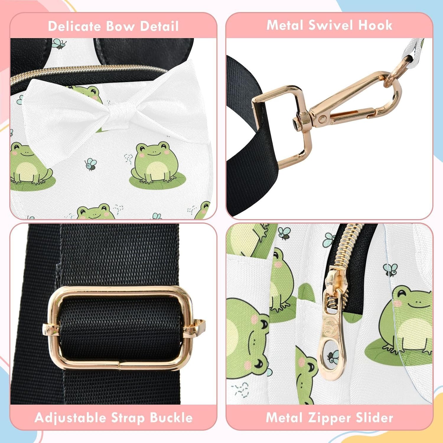 Sinestour Frogs Kids Sling Bag for Girls, 5.7"x7.5"x3.1" | Crossbody Fanny Pack, Toddler Purse, Cute Sling Belt Bag with Ears, 2L Small Shoulder Chest Bag for Travel