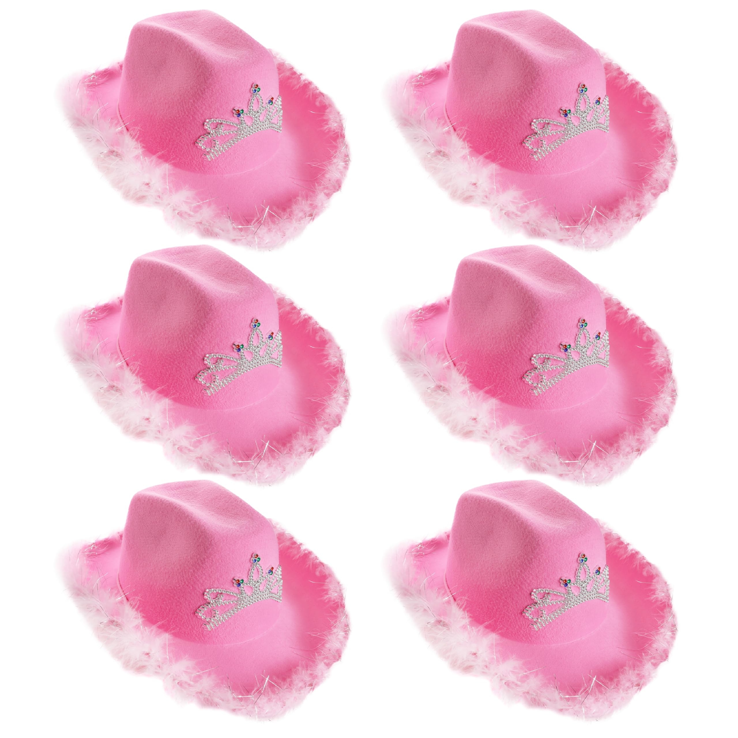 Pink Tiara Cowgirl Hats - Pack of 6 - Pink Cowgirl Hat with Tiara Decoration and Marabou Trim - Adults Festival Music Fancy Dress Accessory