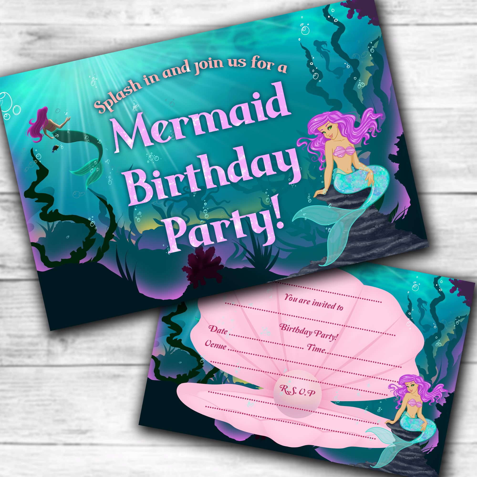 Mermaid New Party Invites Birthday Invitations & Envelopes (WRITE ON) New (20 with envelopes)