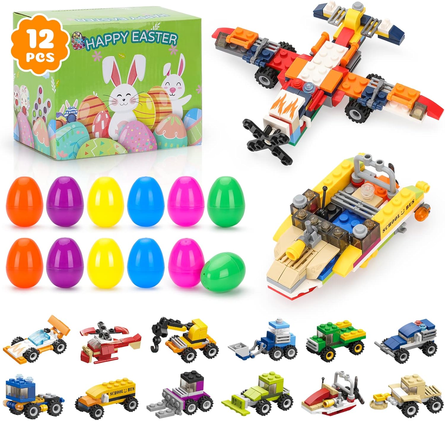 AKARY 12Pcs Prefilled Easter Eggs with Mini Party Favor Car