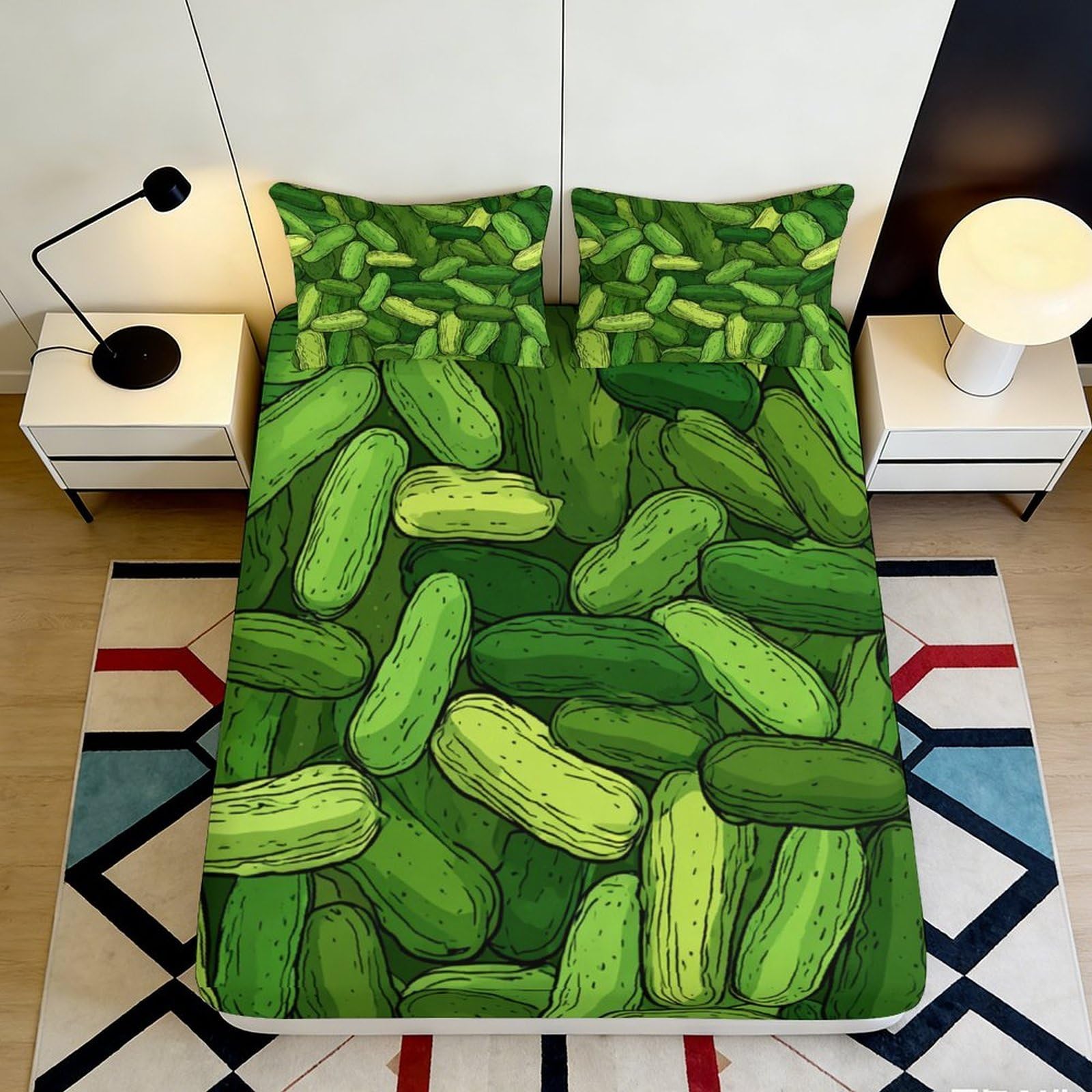 3D Printed Green Cucumber Fitted Sheet Microfiber Soft Breathable Vegetable Bed Cover for Bedroom Guest Room Dorm Decor 90x200x25cm