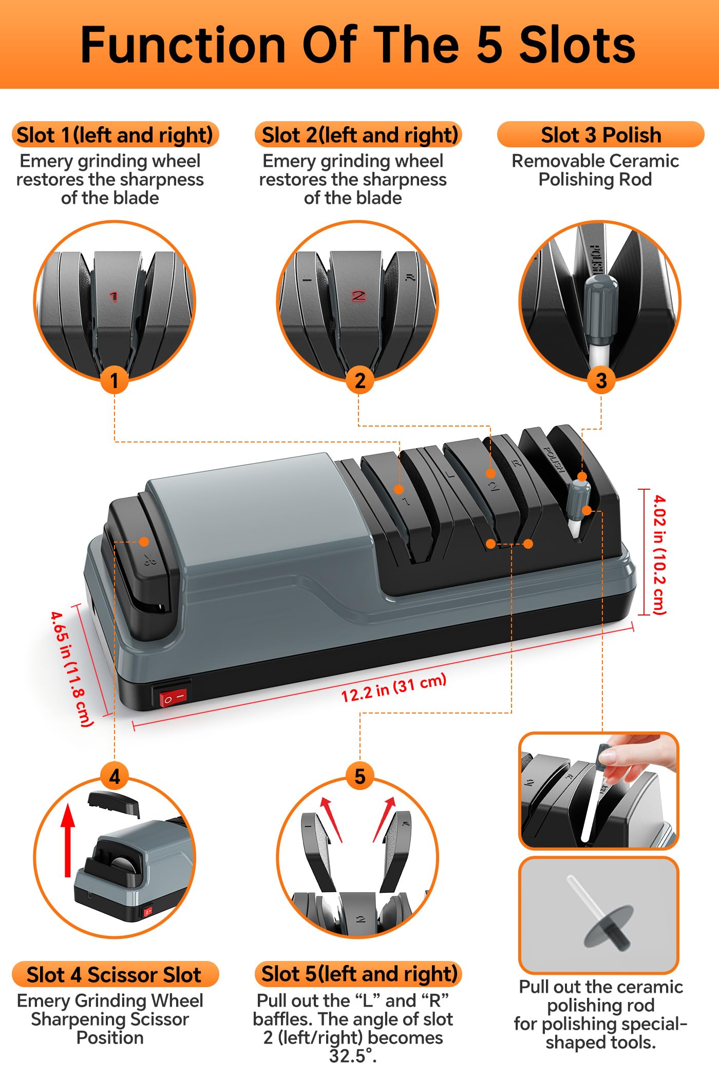 Affilacoltelli Elettrico Multifunzione 5 in 1, Affilacoltelli Elettrico Professionale per l'Affilatura e la Lucidatura, Coltelli da Cucina e Forbici per un Ripristino Rapido, Grigio scuro