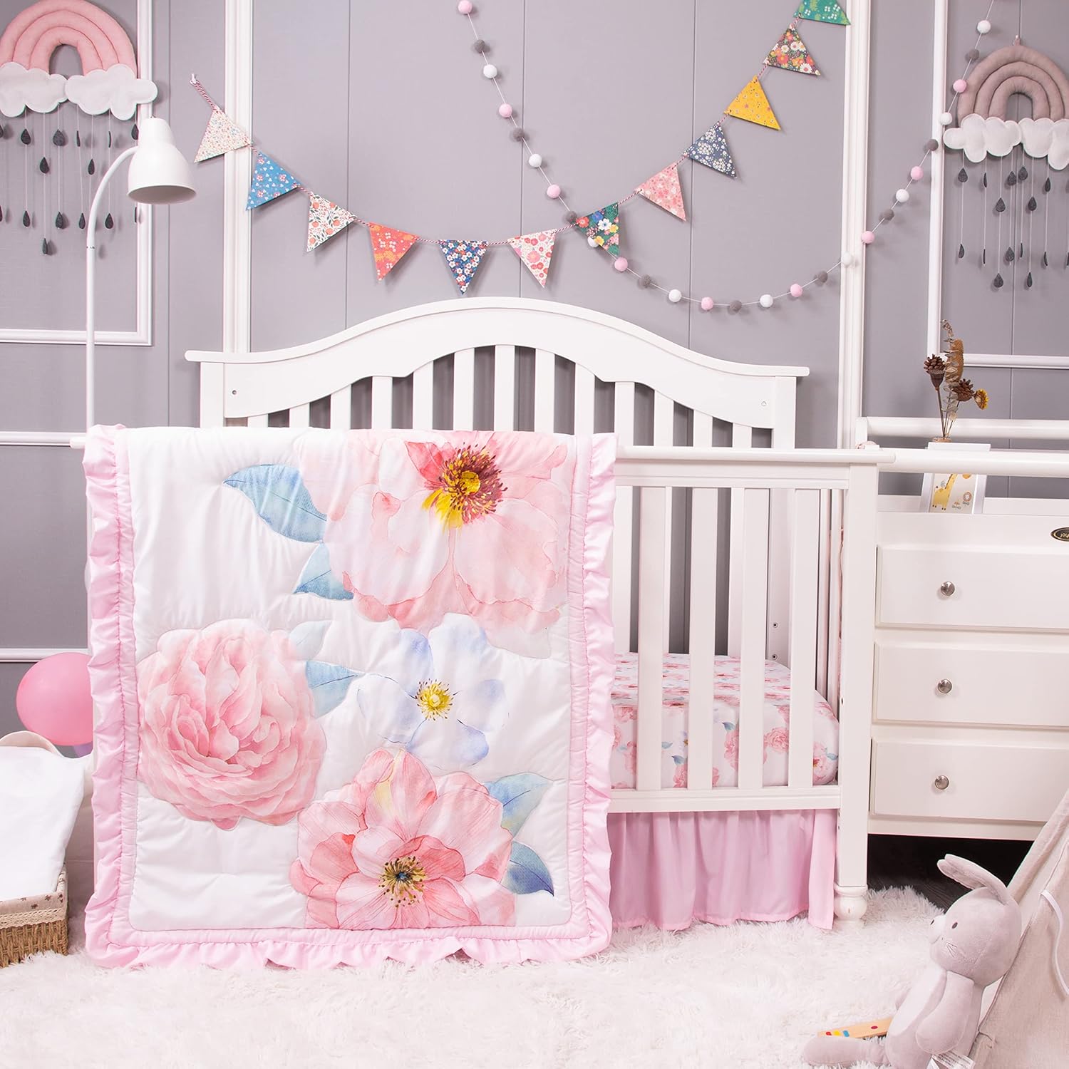 La Premura Baby Girl Crib Bedding Set for Girls, 4-Piece Nursery Crib Set Including Crib Sheet, Blanket, Crib Skirt and Pillow Cover, Watercolor Rose, Pastel Pink & Baby Blue : Baby