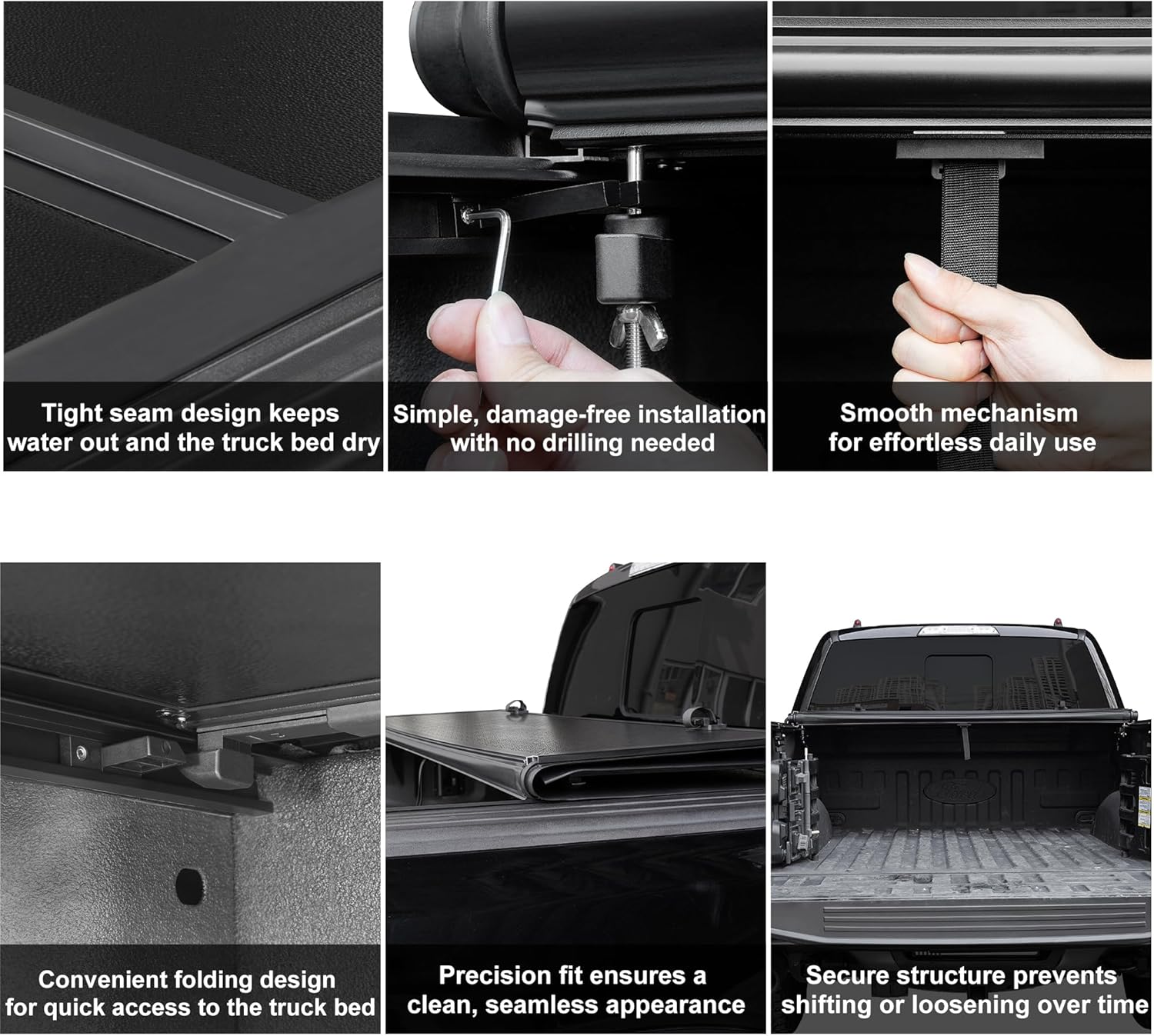 Kikito HTL Truck Bed Tonneau Cover Compatible with 2015-2025 Ford F150 with 6.5ft Bed (79") Truck Bed w/Track System Low-Profile Style FRP Hard Folding Truck Cover No-Drill 100%