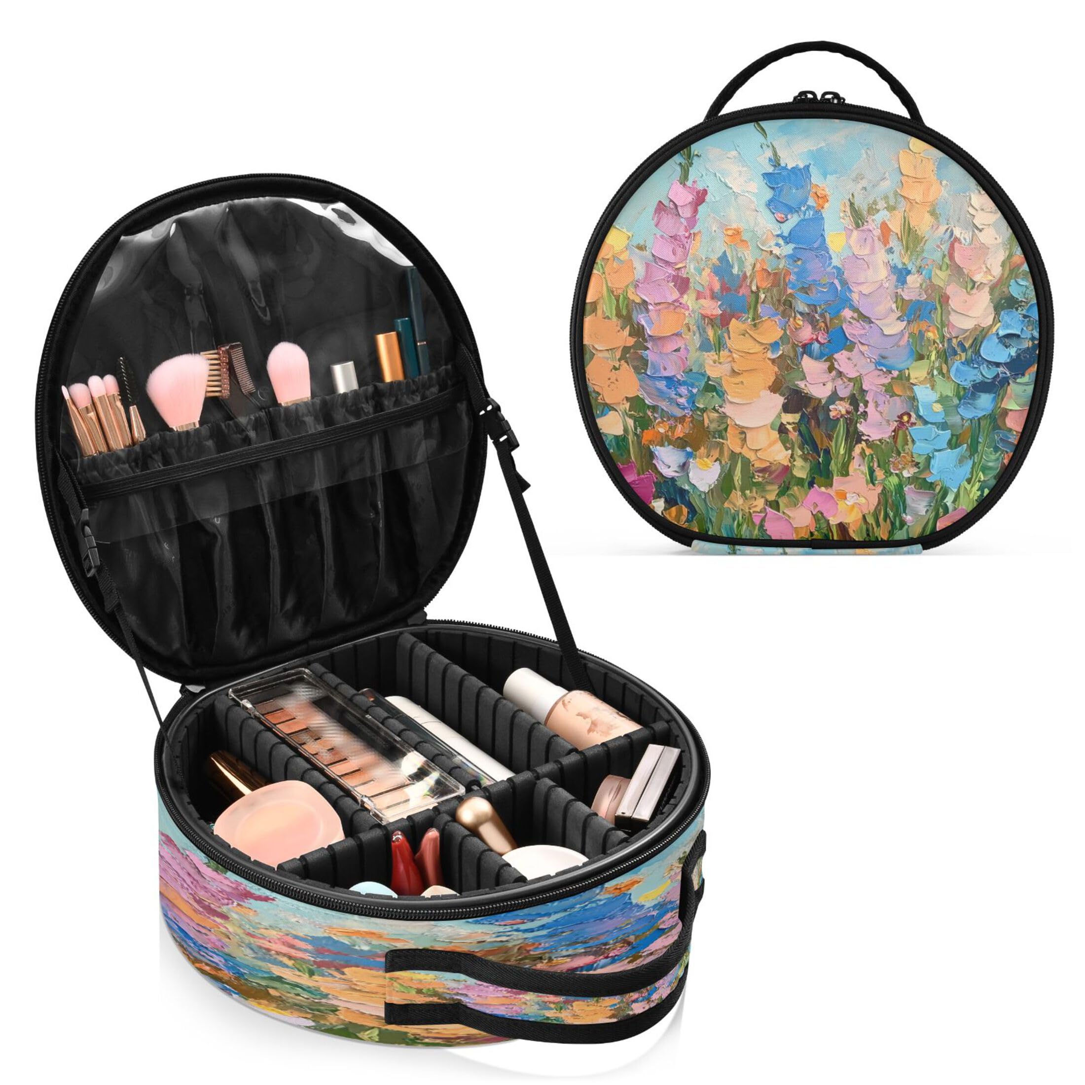 Takiito Field Colorful Wildflowers Travel Makeup Case Portable Makeup Box Artist Cosmetic Case Organizer With Adjustable Dividers