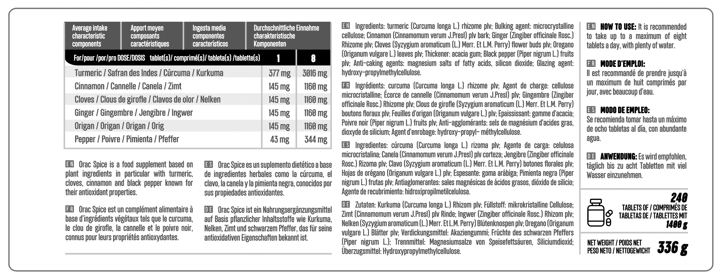 Life 120 - Orac Spice - Integratore combinato di spezie – Curcuma, Pepe, Cannella, Chiodi di garofano, azione Antiossidante, Zenzero, Origano, Regolarità Transito Intestinale – 240 compresse