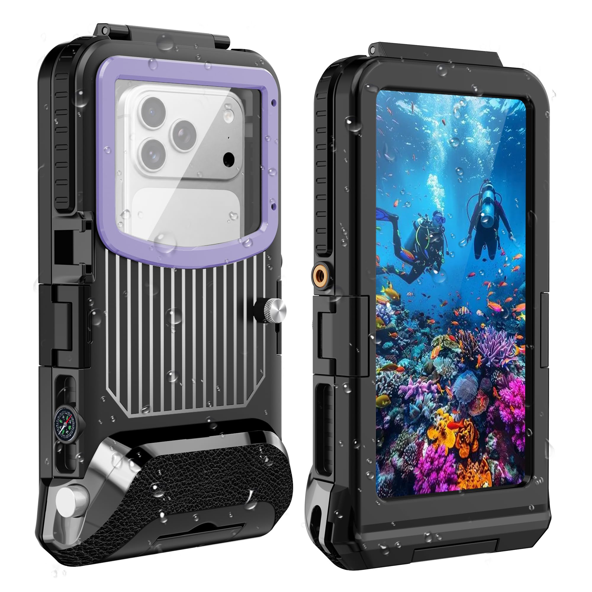 Custodia impermeabile subacquea da 15 m per iPhone 17/16/15/14 | Smartphone da 5,4 a 6,9 pollici, tasto volume del telefono a sinistra, snorkeling, nero viola