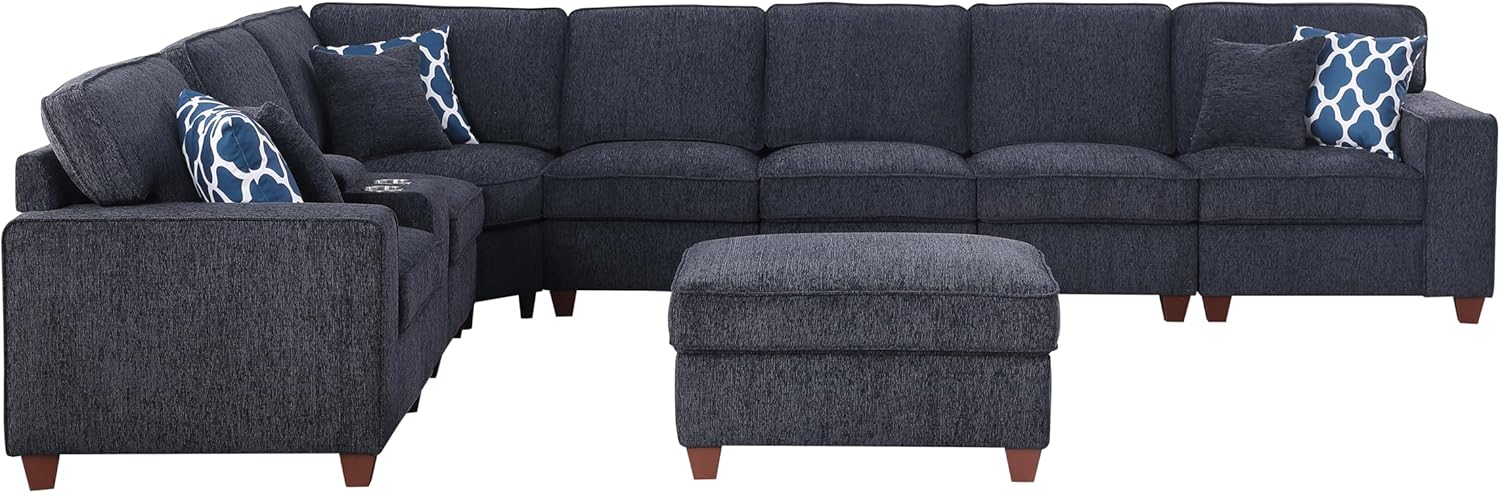 ERYE 151-Inch U-Shaped Sectional Sofa Chenille Upholstered Corner Convertible Sectional,9 PCS Modular Couch with Ottoman,Storage Console, Cupholders and Charging Station