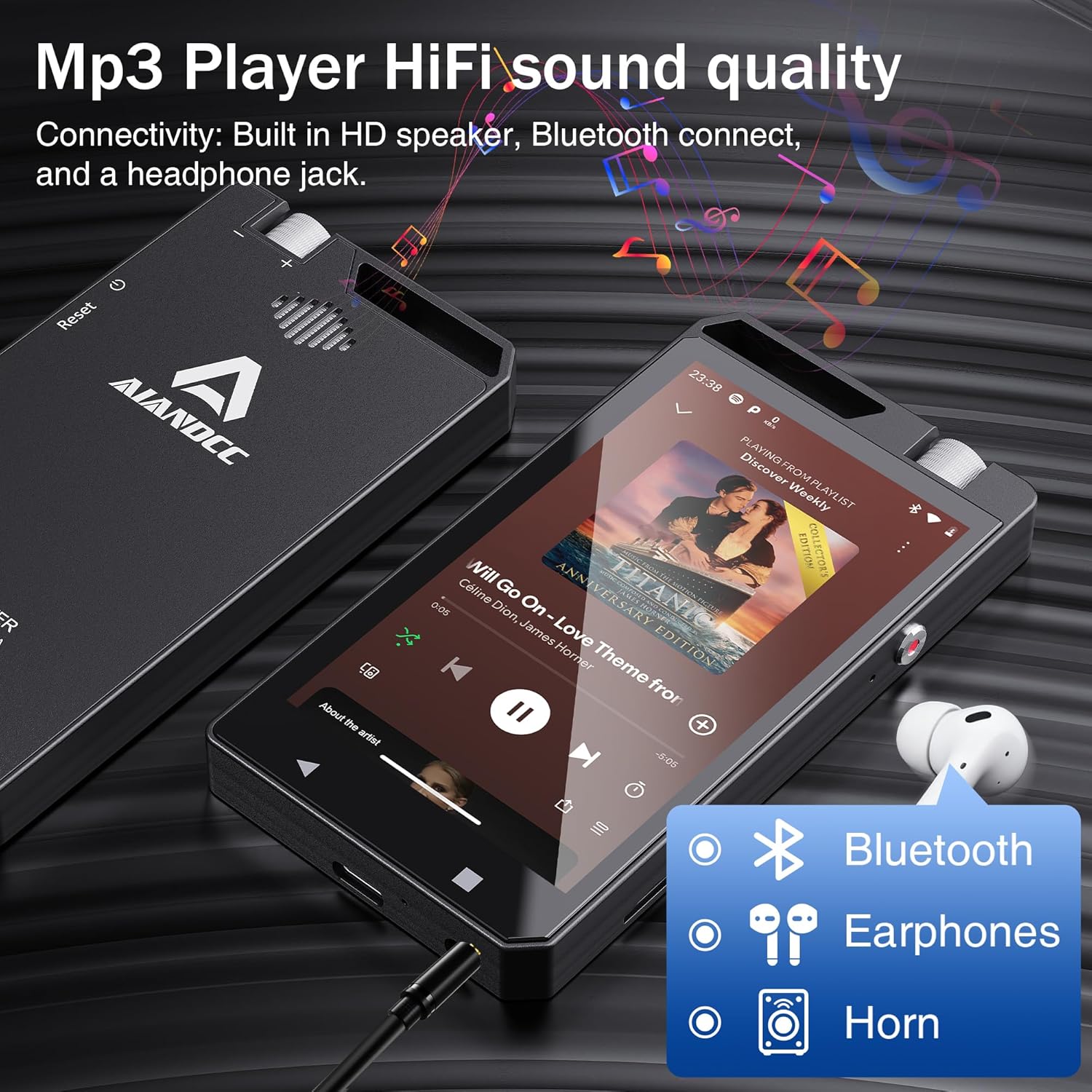 Image showing the Aiandcc M12 MP3 Player displaying music playback, with Bluetooth earphones and a speaker icon, indicating HiFi sound quality.