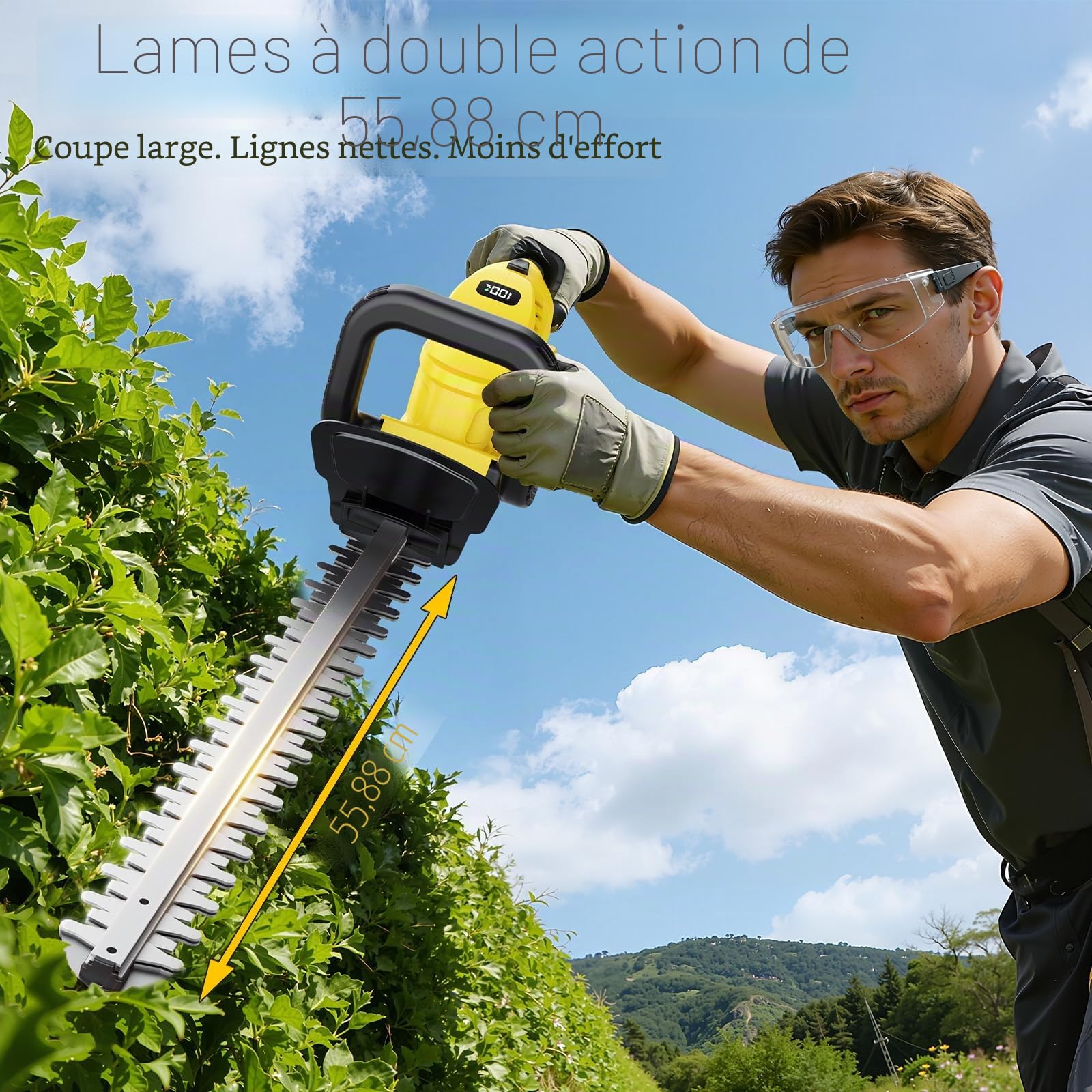 Taille-Haie Sans Fil 22 Pouces, Moteur Sans Balais 3000 W, 2 Batteries 4,0 Ah, Lame SK5 Double Action, Diamètre de Coupe 16 mm, Poignée Pivotante 180°
