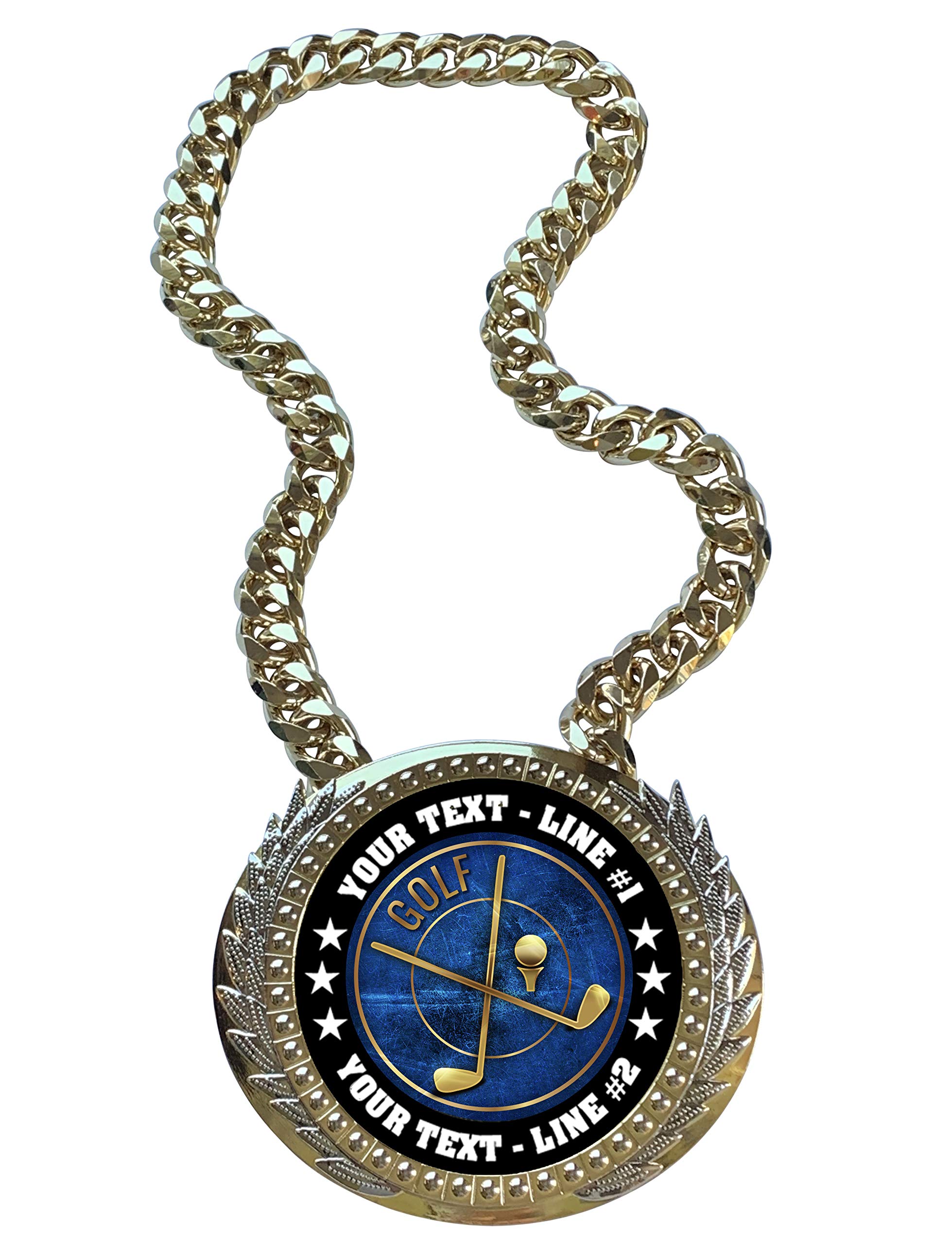 Express Medals Metal Version Golf Champ Chain Trophy with 2 Lines of Personalized Custom Text on a Large Award Medal and Attached 34 inch Long Metal Neck Chain. EG30