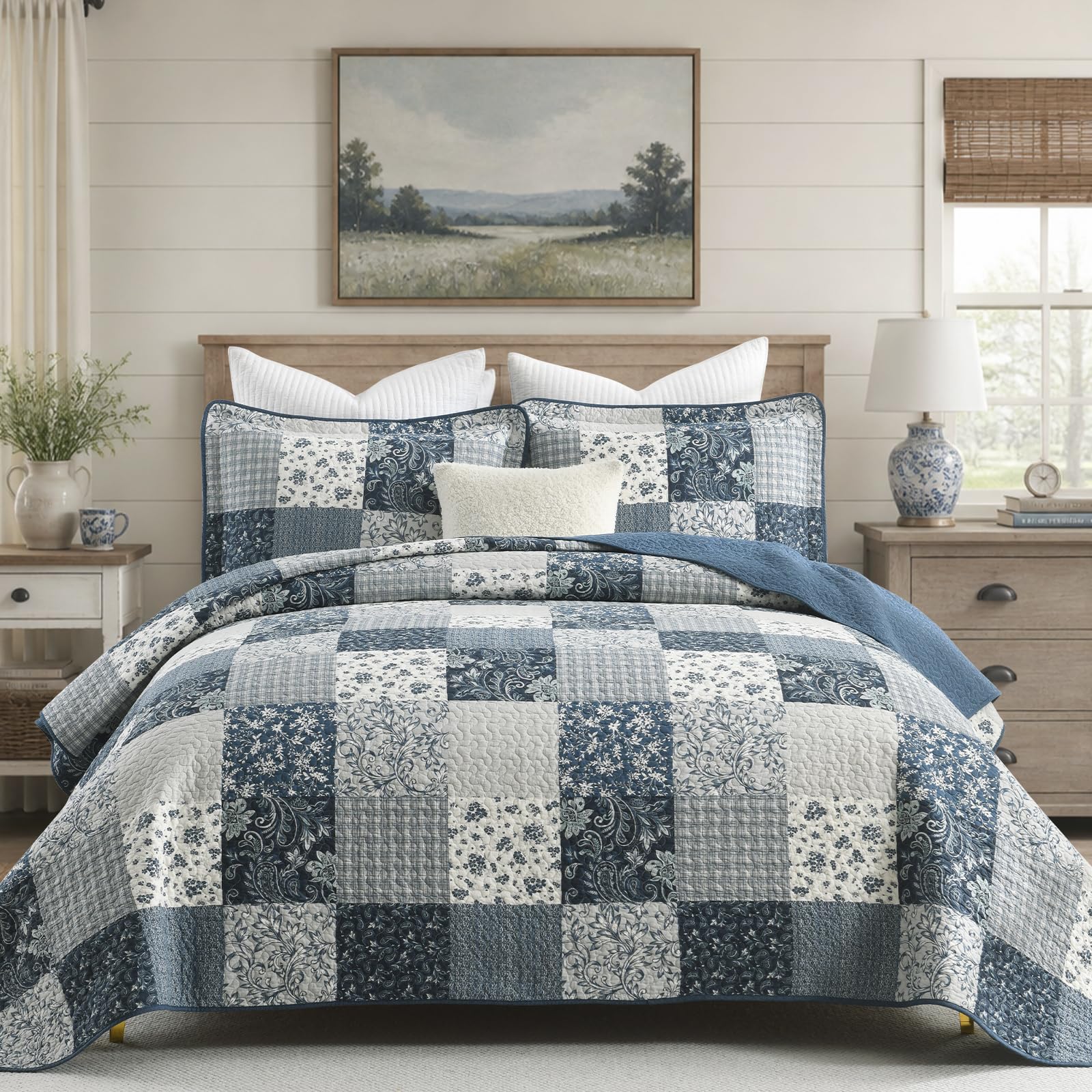 SOElinens Quilts King Size - 3 Pieces King Quilt Set with Matching Shams, Farmhouse Plaid Paisley Floral Reversible Bedding Bedspread, 100% Cotton Lightweight Coverlet for All Season, Dusty Blue Grey