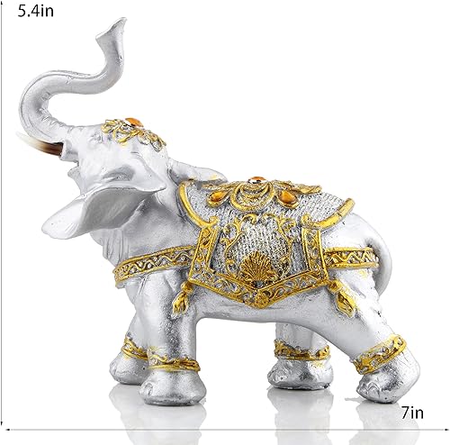 Miniatura 5 de ABEESEA Figura coleccionable de estatua de elefante blanco y negro con tronco de riqueza de elefante de la suerte, perfecta para regalo de