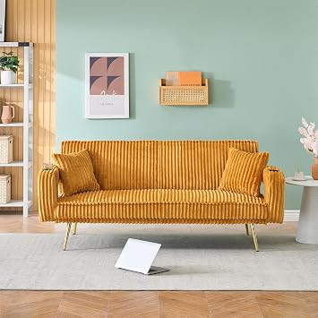 Convertible Corduroy Sleeper Sofa Bed with 2 Cup Holder, Minimalist Style Futon Couch with Adjustable Backrest and 2 Throw Pillows for Lliving Room, Bedroom and Study Orange