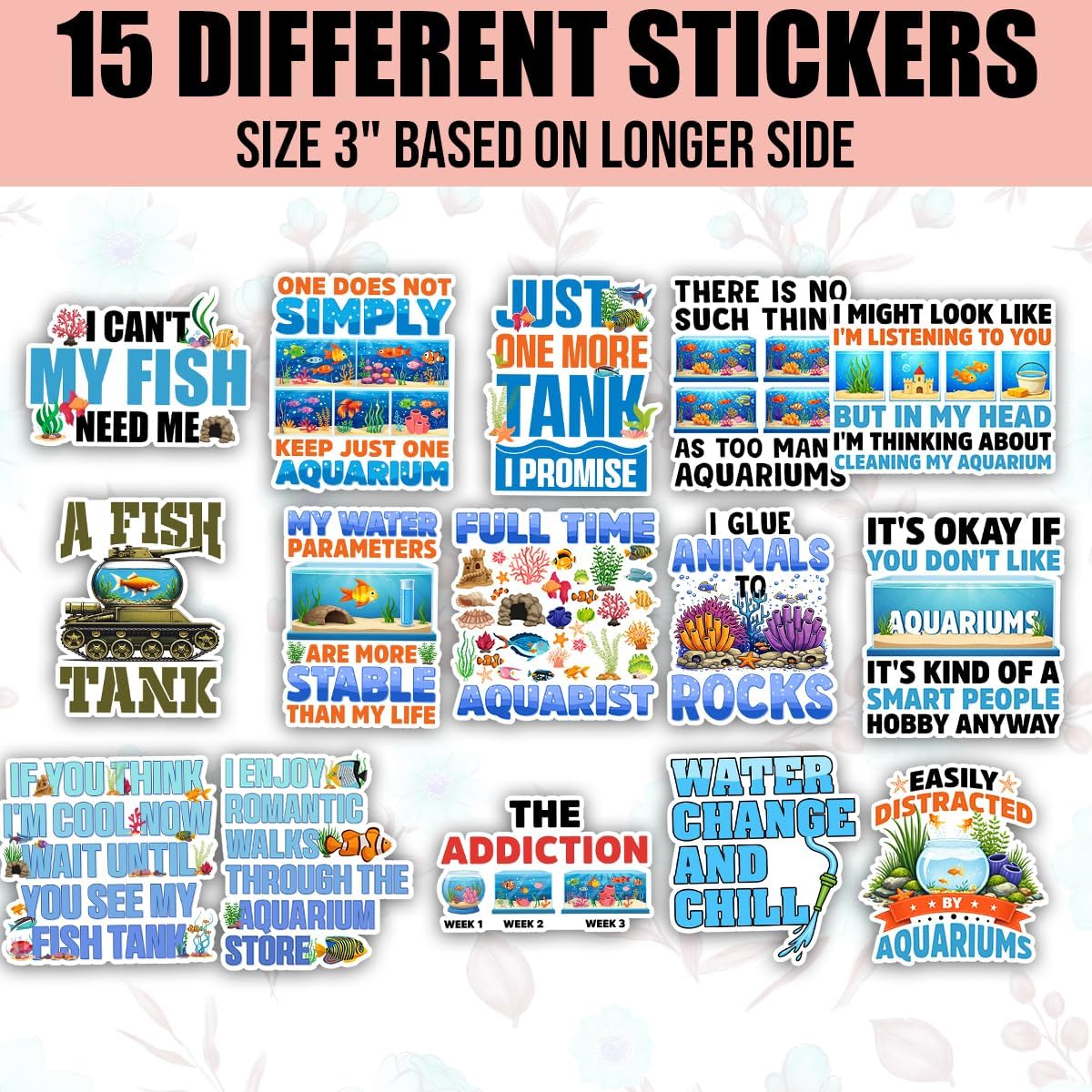 TODOLIA (15Pcs-3in) Fish Tank Sticker Pack, Coral Reef Saltwater Freshwater Aquarium Sticker, Aquarist Gift for Kids, Aquarium Decoration for Fish Tank Laptop Tablet Water Bottle Helmet Vehicles image 2