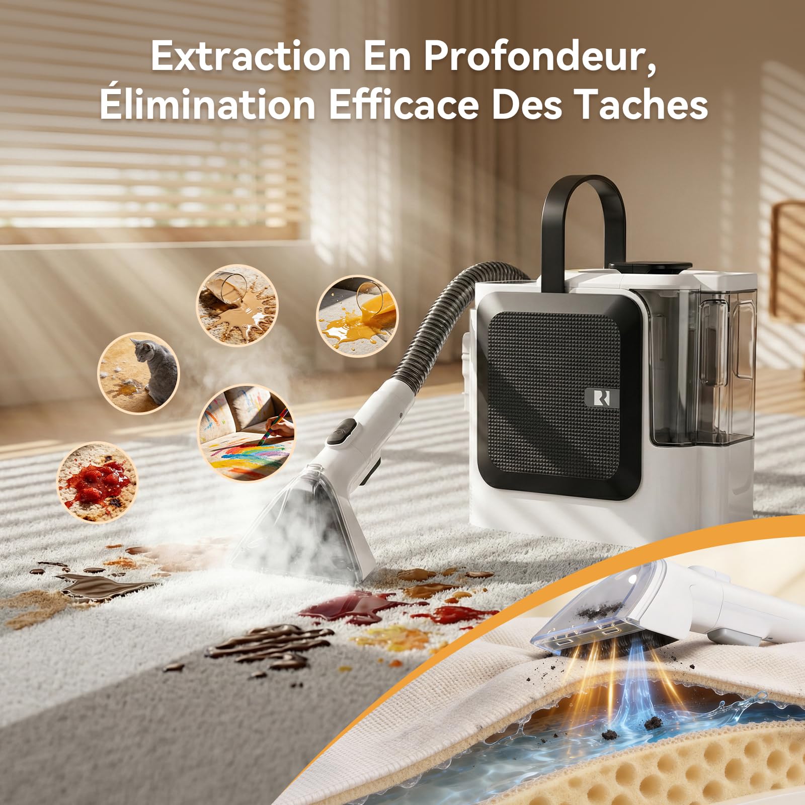 Redkey C2 Shampouineuse, 1800W 26000Pa Nettoyeur Canapé Tissu, Nettoyeur Vapeur 4-en-1 Aspirateur Eau et Poussière pour Canapé, Tapis, Fenêtres, Voiture, 7 Accessoires & Solution de Nettoyage