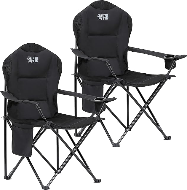 Get Fit Premium Camping Chair - Thick Padded Folding Chair For Adults With Magazine Pocket, Cup Holder & Carry Bag - Lightweight 3kg - Heavy Duty Foldable Picnic Chair - Weight Capacity of 130kg