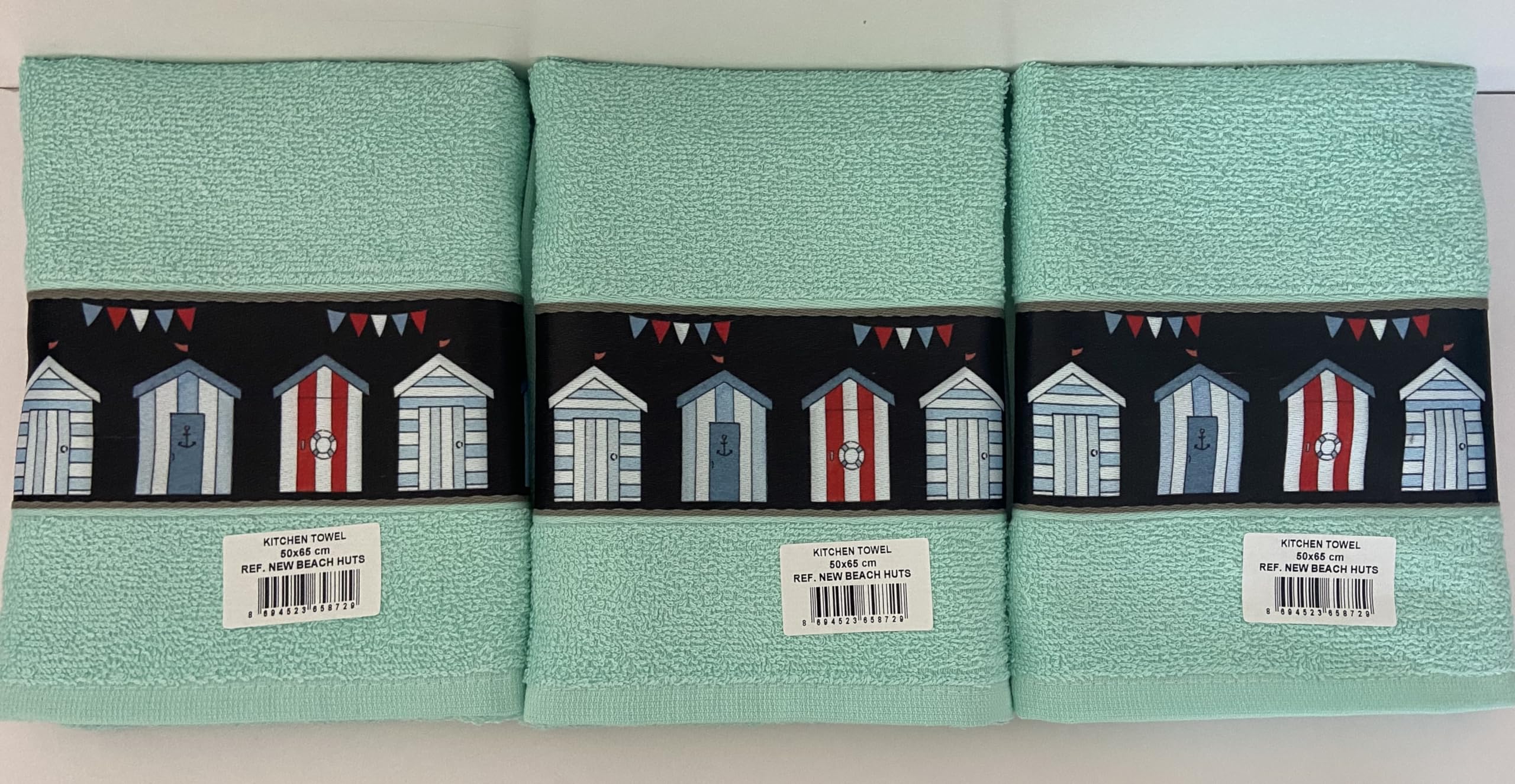 100% Cotton 3 Pack Beach Huts Design Kitchen Hand Tea Towels in Aqua Green