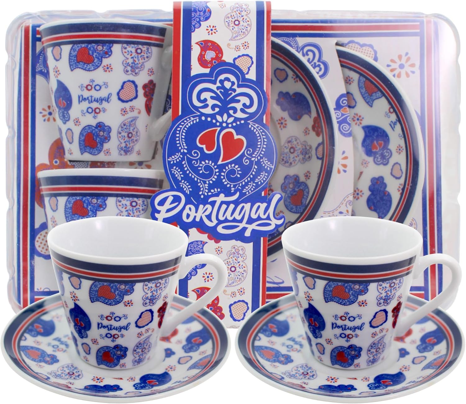 Supergalo Portuguese Espresso Cup & Saucer Set – Ceramic 2-Piece Gift Boxed Set, Assorted Portugal & Azulejo Tile Designs, 2.7 oz Cups with Matching Saucers (Blue Viana Heart Portugal)